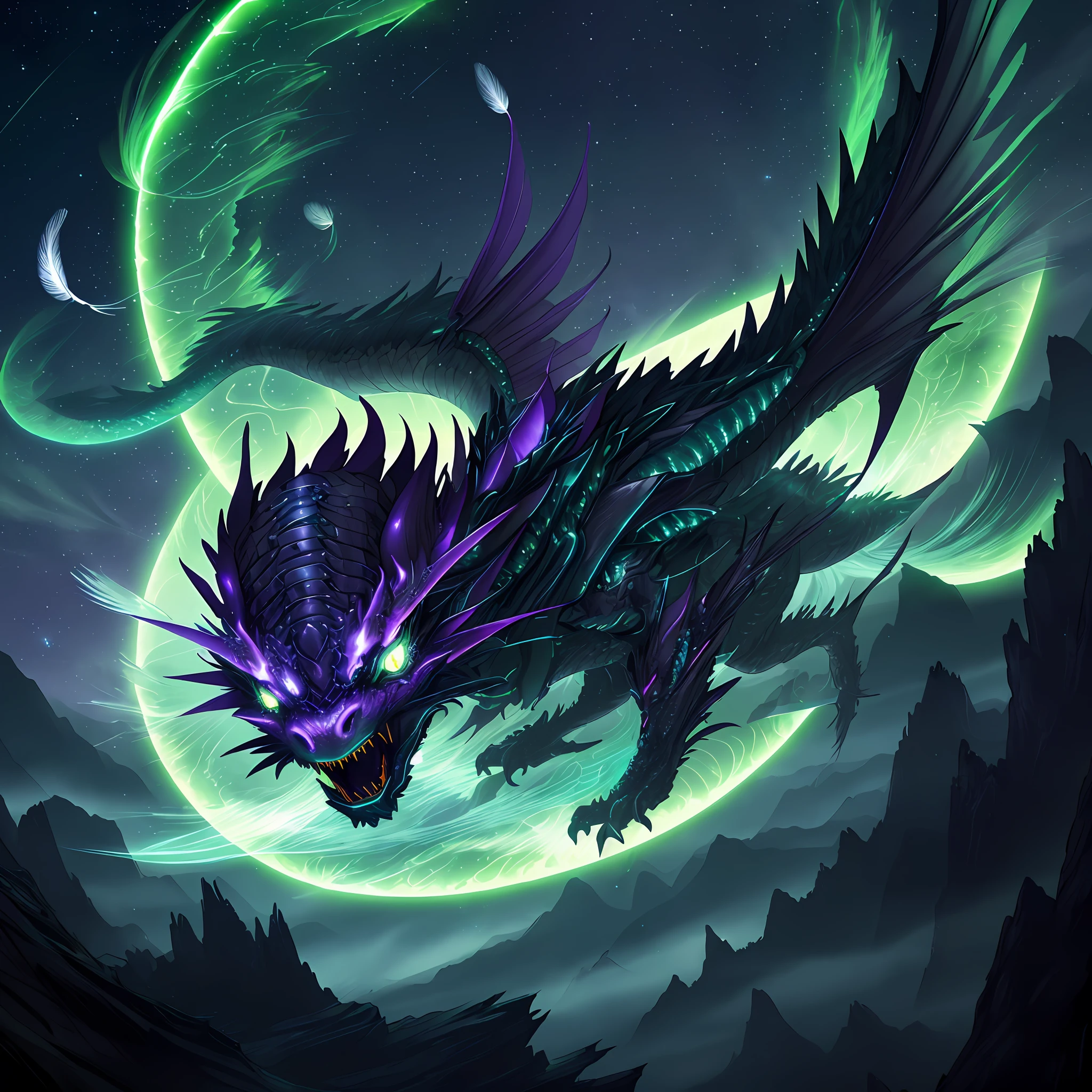Green Chinese dragon: celestial eldritch coiled to strike,dark fantasy, dark atmosphere, eldritch horrors falling from sky, dark purple moonlit sky, fisheye lens, angle from front, masterpiece, corrupted celestial energy, looking at viewer, piercing death gaze, enraged face:psychotic, glowing celestial eyes, 1dragon=1.5, ((celestial feathers falling from sky)), ((bioluminescent))