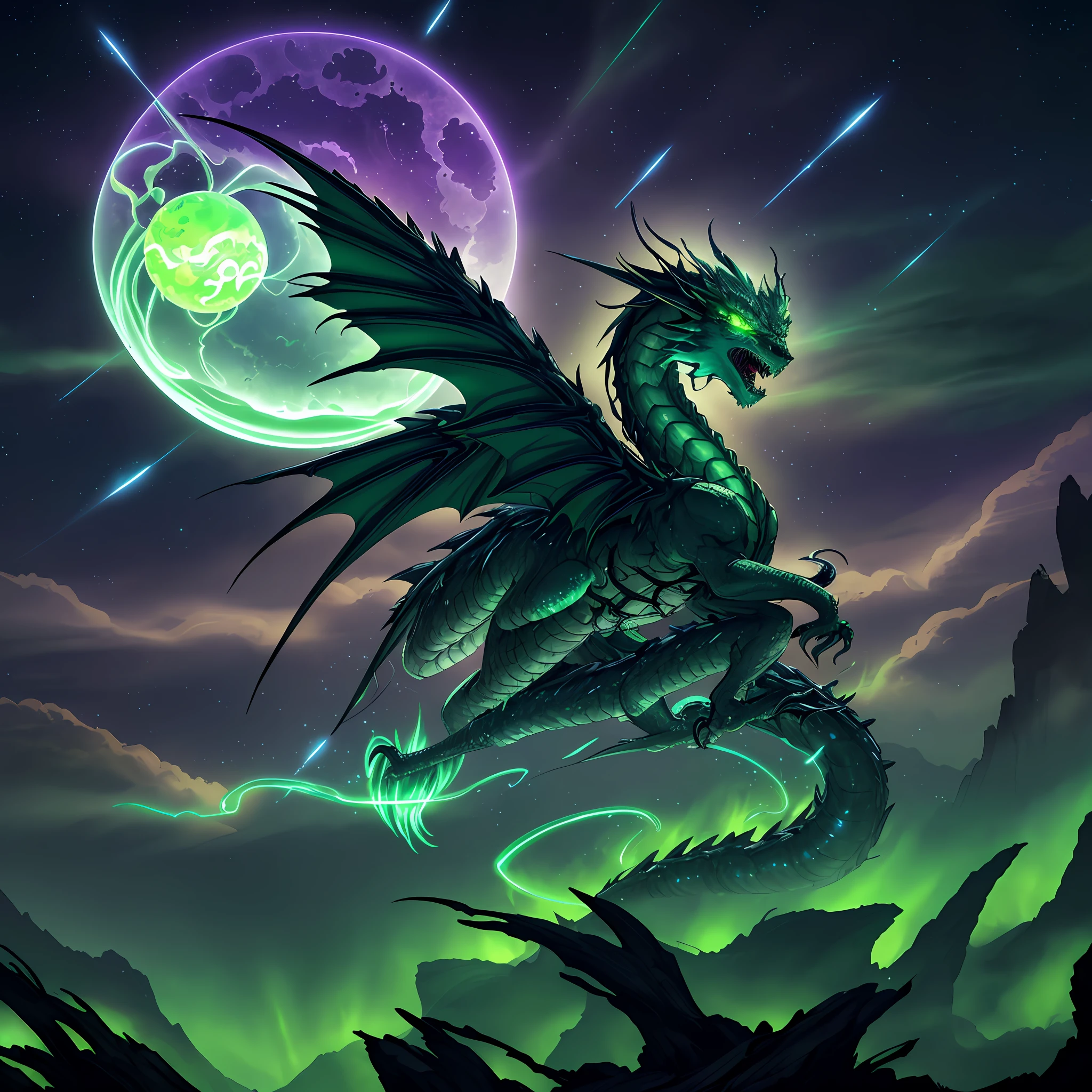 Green Chinese dragon: celestial eldritch coiled to strike,dark fantasy, dark atmosphere, eldritch horrors falling from sky, dark purple moonlit sky, angle from front, masterpiece, corrupted celestial energy, looking at viewer, piercing death gaze, enraged face:psychotic, glowing celestial eyes, 1dragon=1.5, ((celestial feathers falling from sky)), ((bioluminescent))