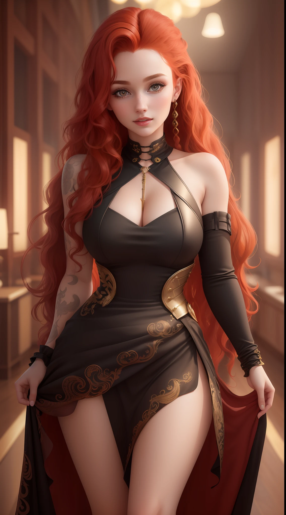 Young woman, in her 20s, wavy red hair, beautiful face, pretty nose, highly detailed face, detailed eyes, photorealism, wearing a black and gold dress, full body, high quality, highly detailed, UHD, top view body shot, studio shot, 12k quality, soft light, cinematic, perfect