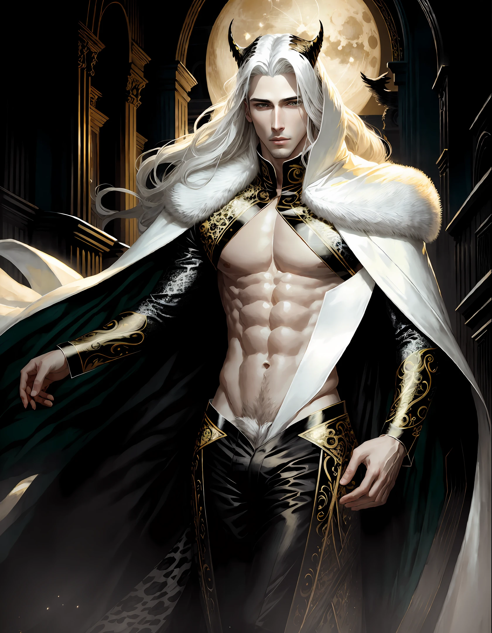 masterpiece, highest quality, (solo focus), (perfect face:1.1), (high detail:1.1),dramatic, 1guy, (pale skin), long white,black hair, green eyes, solo, long hair, moon, night, black,white luxury suit, covered navel, pouty lips, covered, London city, detailed background, art by artgerm and greg rutkowski, gothic renaissance, cinematic lighting, animal print, male Cruella de Vil, art by Heise Jinyao, by zeilyan