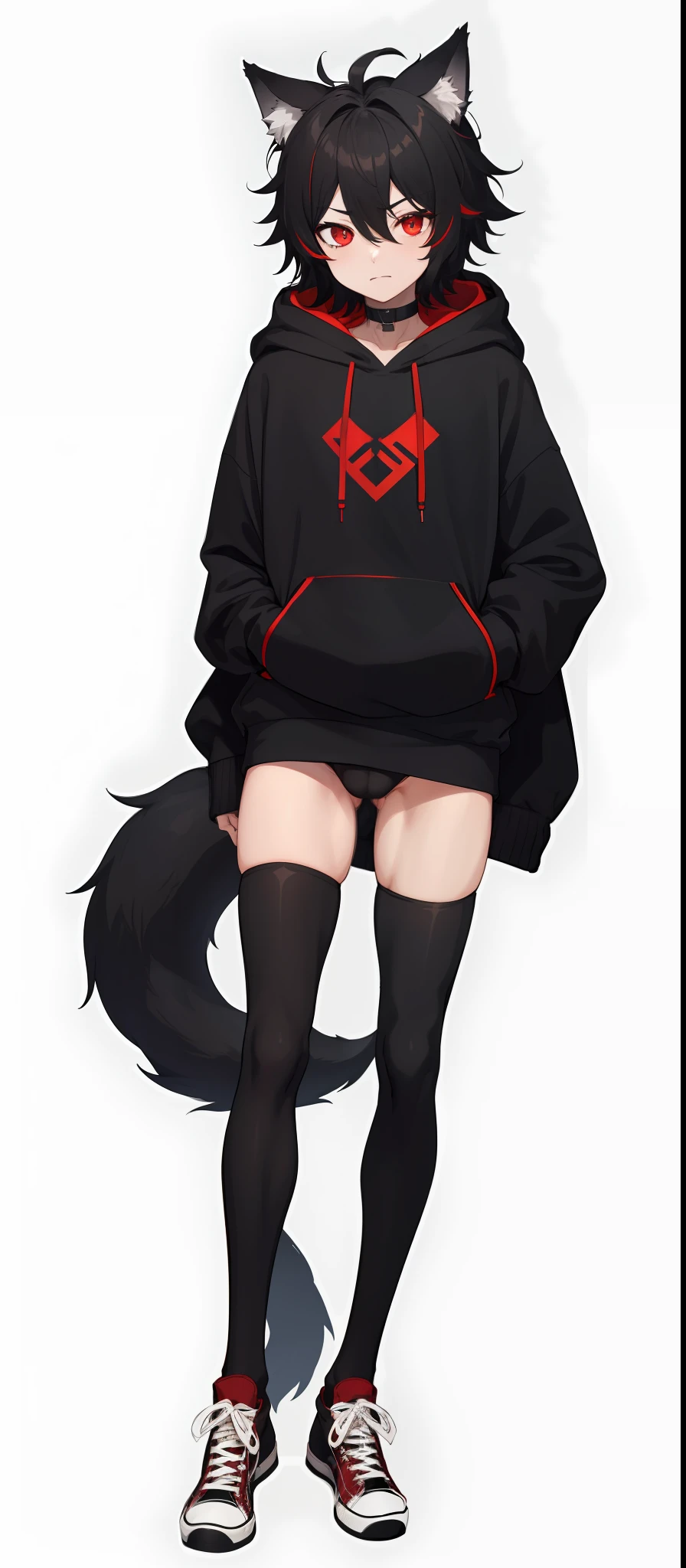 1boy, toned, sharp big wolf ears, wolf tail, big black messy hair, wide extremely vibrant red eyes, HD, masterpiece, vibrant, black converse shoes, slim dark black hoodie, full body view, neutral face, black thigh socks, big buttocks