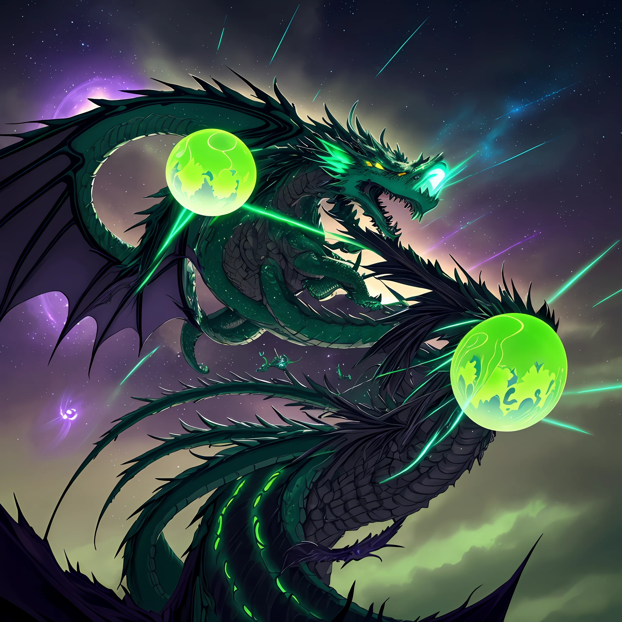 Green Chinese dragon: celestial eldritch coiled to strike,dark fantasy, dark atmosphere, eldritch horrors falling from sky, dark purple moonlit sky,  angle from below, masterpiece, corrupted celestial energy, looking at viewer, piercing death gaze, enraged face:psychotic, glowing celestial eyes, 1dragon=1.5, ((celestial feathers falling from sky)), ((bioluminescent))