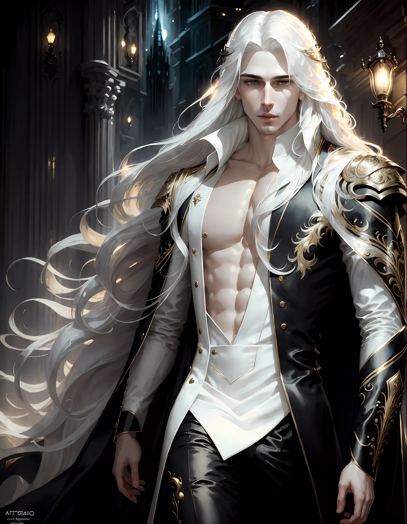 masterpiece, highest quality, (solo focus), (perfect face:1.1), (high detail:1.1),dramatic, 1guy, (pale skin), long white hair, white eyes, solo, long hair, moon, night, white luxury suit, covered navel, pouty lips, covered, futuristic city, detailed background, art by artgerm and greg rutkowski, gothic renaissance, cinematic lighting,