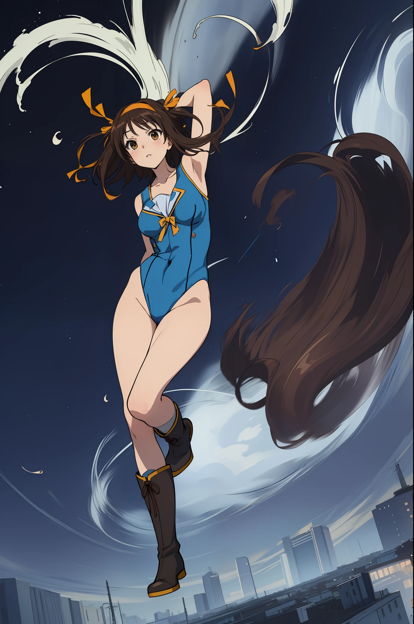 masterpiece, best quality, highres, 1girl, solo, superhero, leotard, blue and white leotard, bare legs, brown hair, short hair, brown eyes, hairband, medium hair, ribbon, boots, matching boots, blue boots, medium breasts, cowboy shot, standing, city backdrop, haruhi suzumiya, kyoani haruhi style, sleeveless, tornado spin, spin, twirl, wind particles, light particles, swirls, tornado swirls, super-spin, perfect arms, perfect legs, perfect hands,