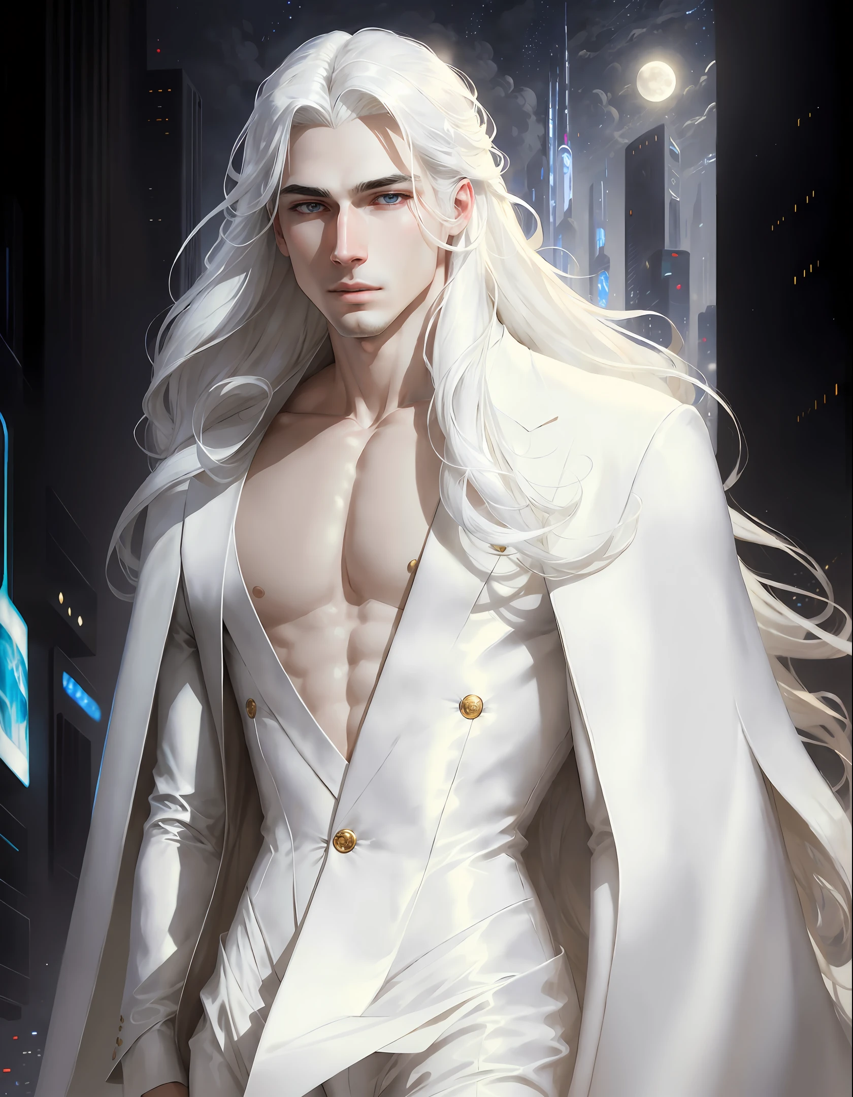 masterpiece, highest quality, (solo focus), (perfect face:1.1), (high detail:1.1),dramatic, 1guy, (pale skin), long white hair, white eyes, (light eyebrows), solo, long hair, moon, night, white luxury suit, covered navel, pouty lips, covered, futuristic city, detailed background, art by artgerm and greg rutkowski, cinematic lighting,