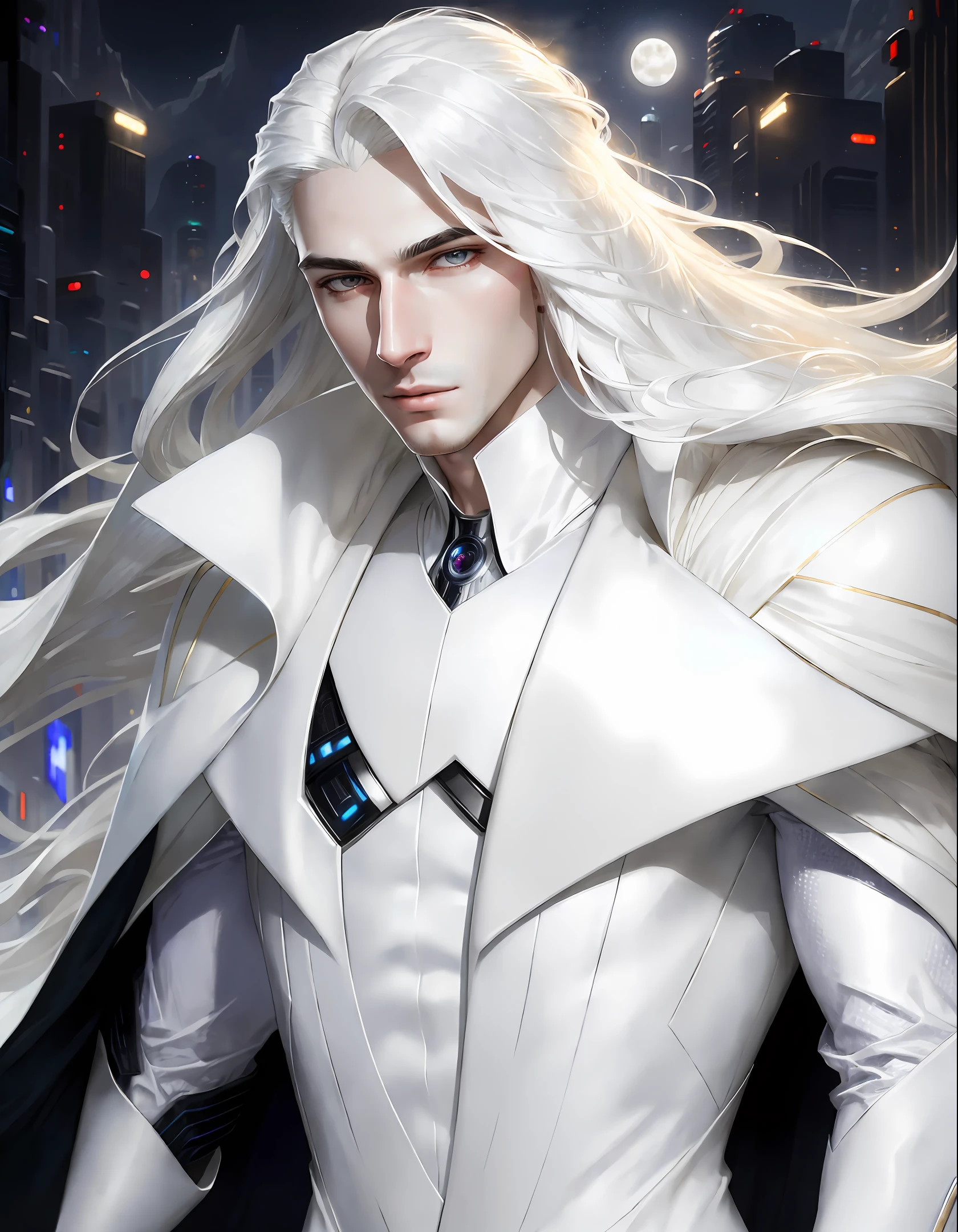 masterpiece, highest quality, (solo focus), (perfect face:1.1), (high detail:1.1),dramatic, 1guy, (pale skin), long white hair, white eyes, (light eyebrows), solo, long hair, moon, night, white luxury suit, covered navel, pouty lips, covered, futuristic city, detailed background, art by artgerm and greg rutkowski,  cinematic lighting,