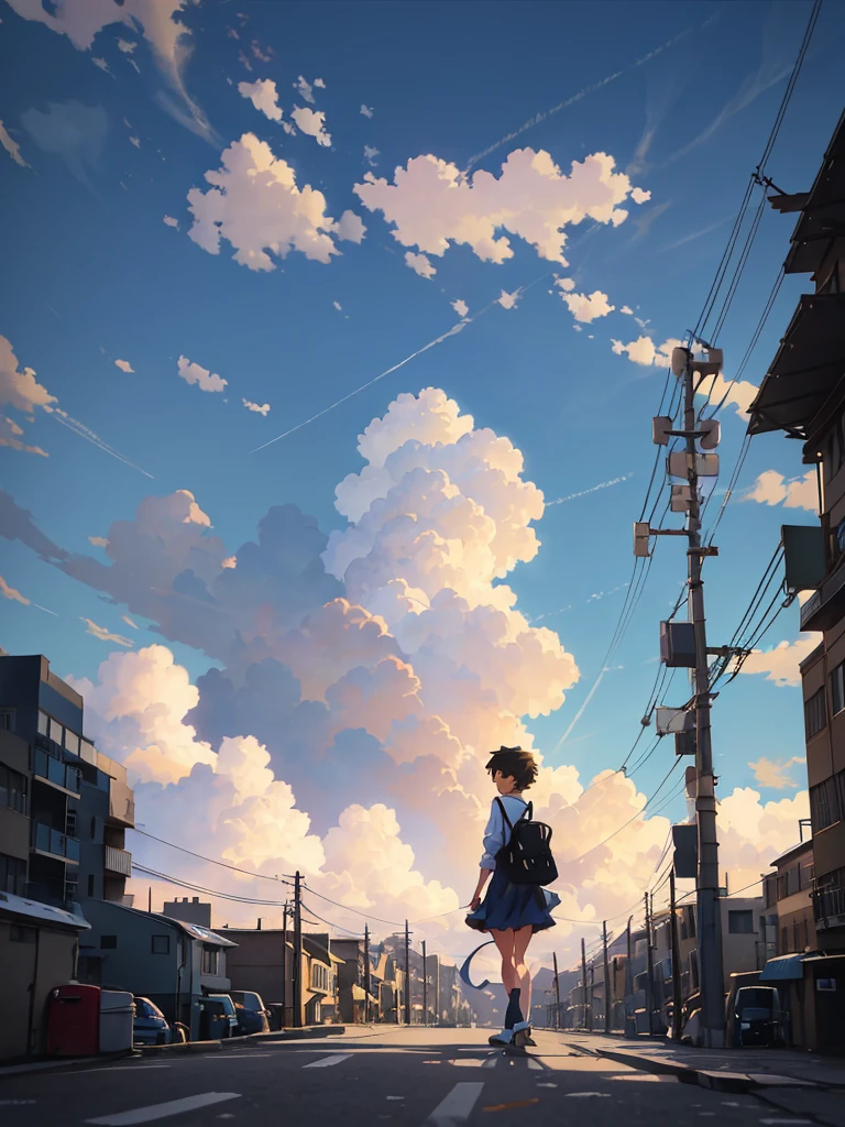 Anime girl walking down the street with backpack, in Makoto Shinkai style, anime cloud, Shinkai Makoto style, Makoto Shinkai Makoto Cyril Rolandor style, cosmic sky. by Makoto Shinkai, Makoto Shinkai Style, Makoto Shinkai. Digital rendering, Makoto Shinkai. Octane rendering, masterpieces, masterpieces, illustrations