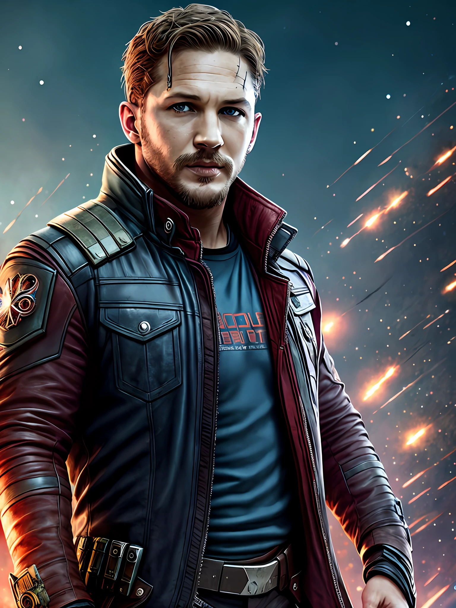 Tom Hardy as Starlord, guardians of the Galaxy style, realistic, 8k, detailed, professional