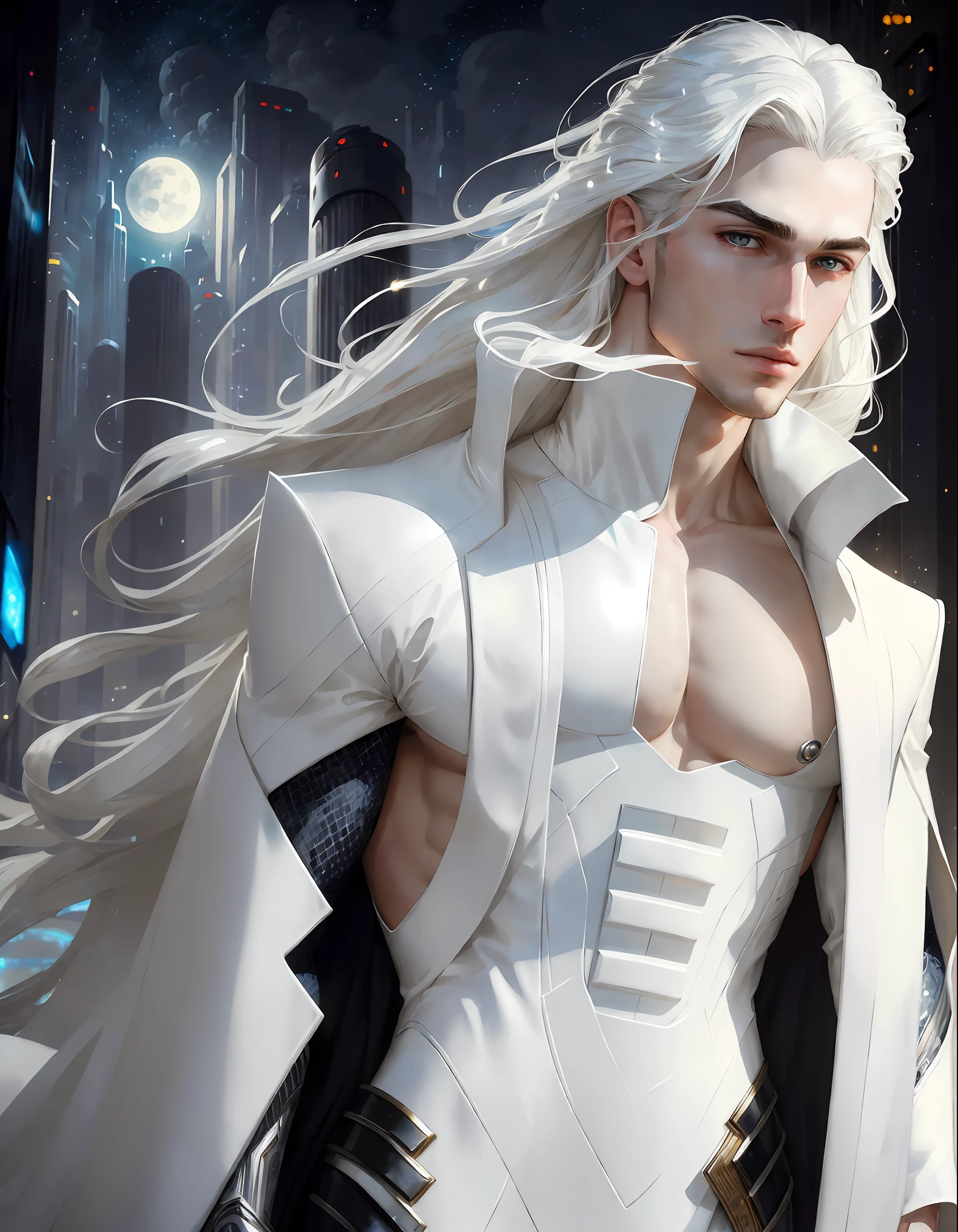 masterpiece, highest quality, (solo focus), (perfect face:1.1), (high detail:1.1),dramatic, 1guy, (pale skin), long white hair, white eyes, ((light eyebrows)), solo, long hair, moon, night, white luxury suit, covered navel, pouty lips, covered, futuristic city, detailed background, art by artgerm and greg rutkowski, cinematic lighting,