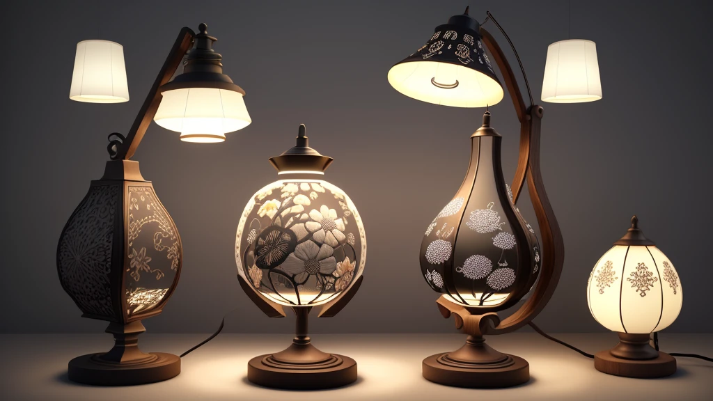 Design a lamp with fabric embroidery on the shade, black metal and wood material, product rendering, 3 D rendering uniform illumination, product design rendering, 3 D product rendering, 3 D modeling, the whole lamp is like a blooming flower, product design lens, beautiful lighting
