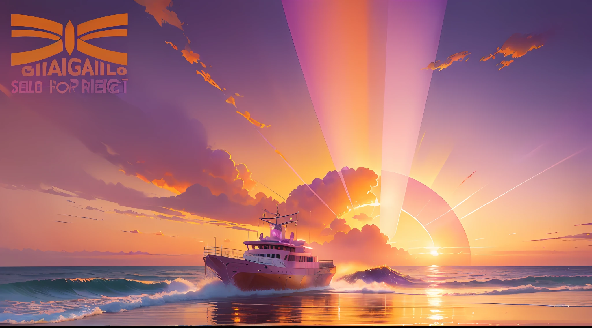 ((orange sunshine + pink sky + soft purple halo + giant scroll): 1.3), watercolor painting,

[(Several golden rays, quiet play on the sea, slowly unfolding): 1.2],

[(5 boats): 0.9], --v 6