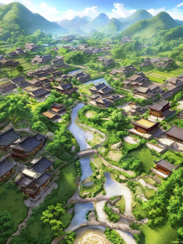Anime scenery of a village with a lot of people walking around, detailed paintings of Liu Haisu, CG social trends, concept art, anime village landscape, ancient Asian village, Chinese village, Japanese village, Japanese countryside, Japanese traditional concept art, beautiful anime scene, anime background art, fine picture, masterpiece, best quality, 8K, fine characters