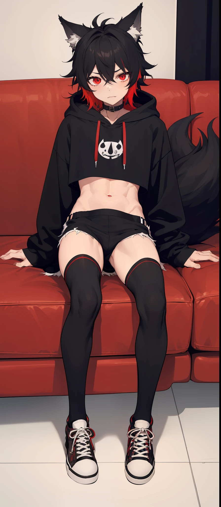 1boy, toned, sharp big wolf ears, wolf tail, big black messy hair, wide extremely vibrant red eyes, HD, masterpiece, vibrant, black converse shoes, slim dark crop top hoodie, full body view, black thigh socks, sitting on couch