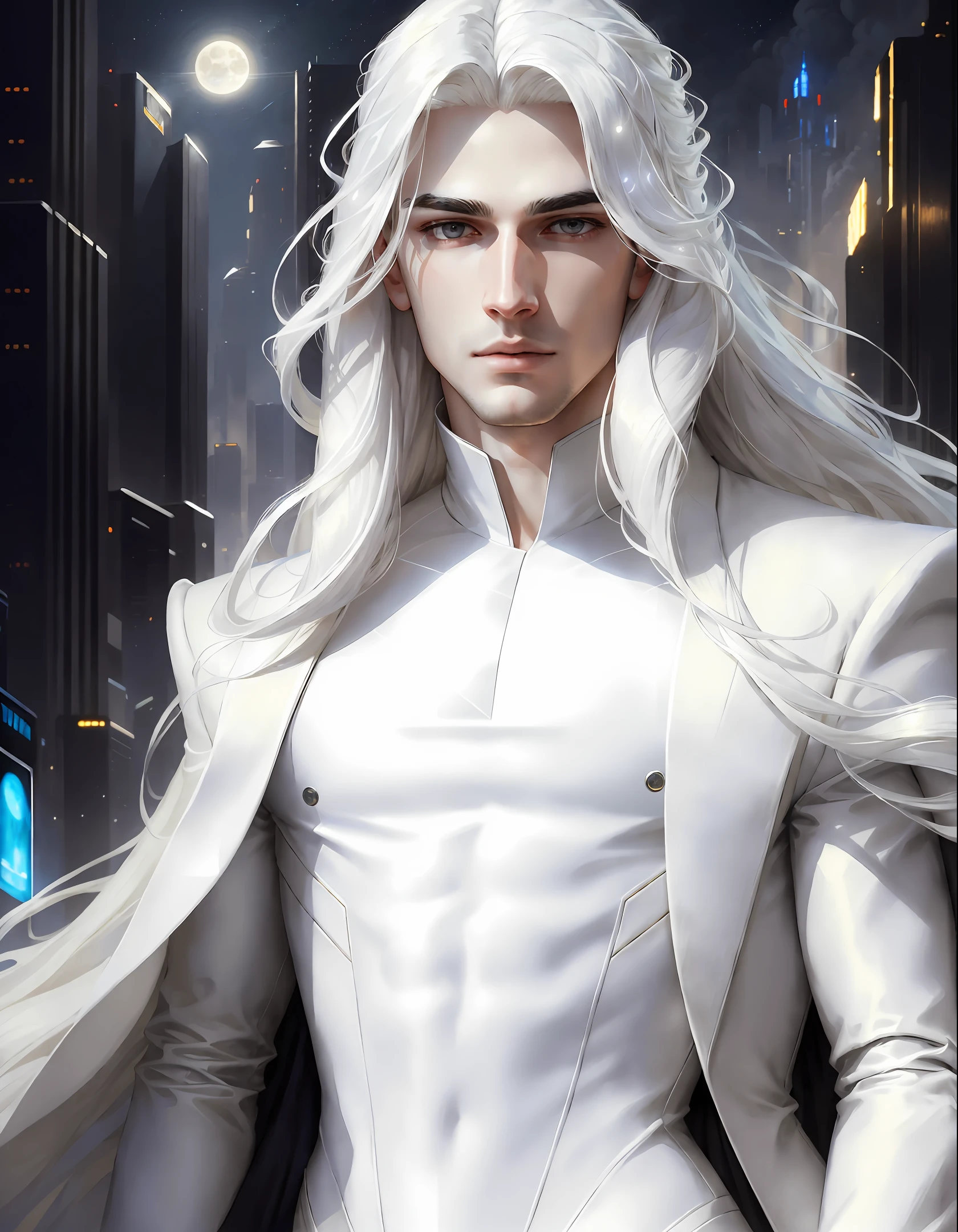 masterpiece, highest quality, (solo focus), (perfect face:1.1), (high detail:1.1),dramatic, 1guy, (pale skin), long white hair, white eyes, ((light eyebrows)), solo, long hair, moon, night, white luxury suit, covered navel, pouty lips, covered, futuristic city, detailed background, art by artgerm and greg rutkowski, cinematic lighting,