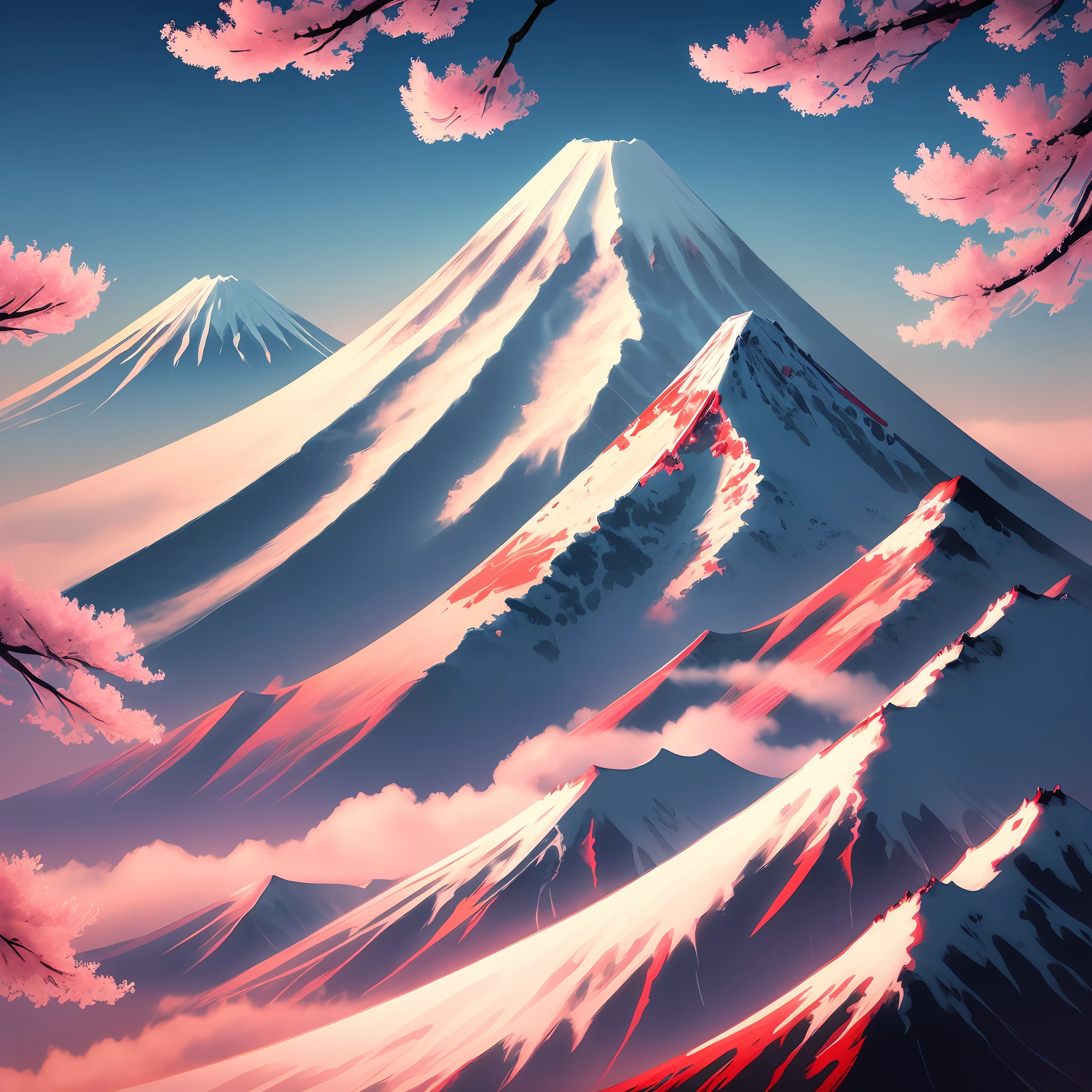 Gradient style illustration, Mount Fuji, cherry blossoms, Asuka