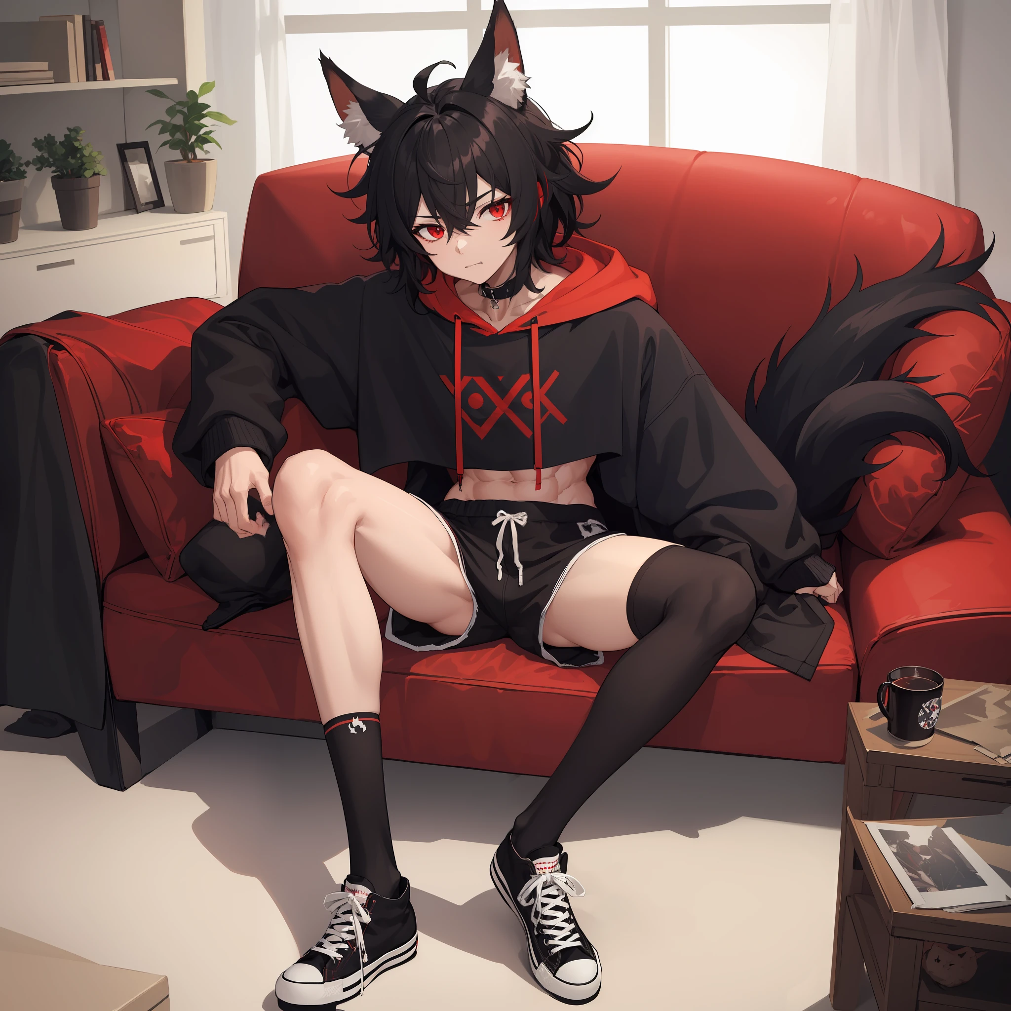 1boy, toned, sharp big wolf ears, wolf tail, big black messy hair, wide extremely vibrant red eyes, HD, masterpiece, vibrant, black converse shoes, slim dark crop top hoodie, full body view, black thigh socks, sitting on couch