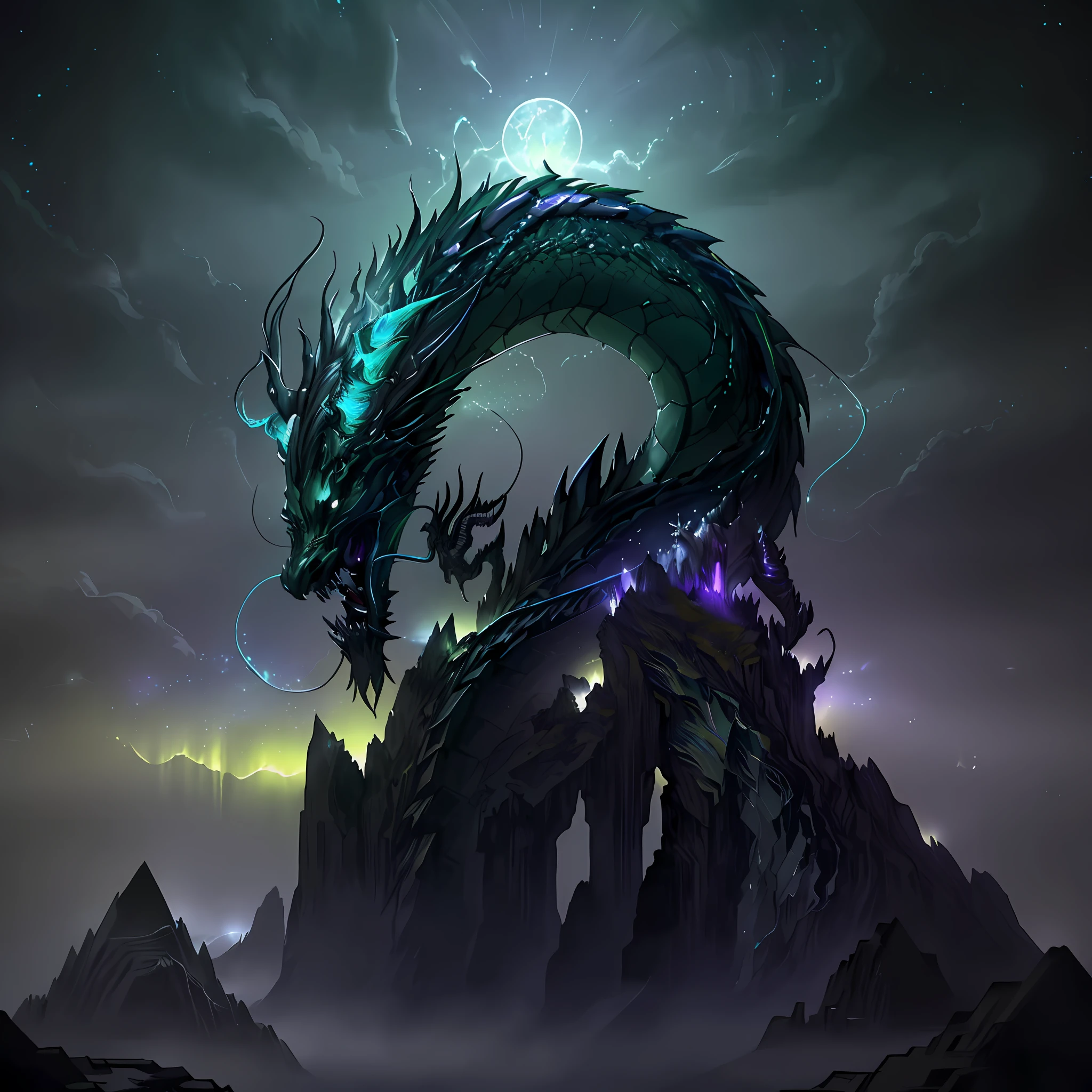 Green dragon:eldritch, ancient corrupted step pyramid:babylonian, dark fantasy, dark atmosphere, eldritch horrors falling from sky, dark purple moonlit sky, angle from front, masterpiece, corrupted celestial energy, looking at viewer, piercing death gaze, enraged face:psychotic, glowing celestial eyes, 1dragon=1.5, ((celestial feathers falling from sky)), ((bioluminescent)),vibrant lighting, ultrarealistic, award winning illustration