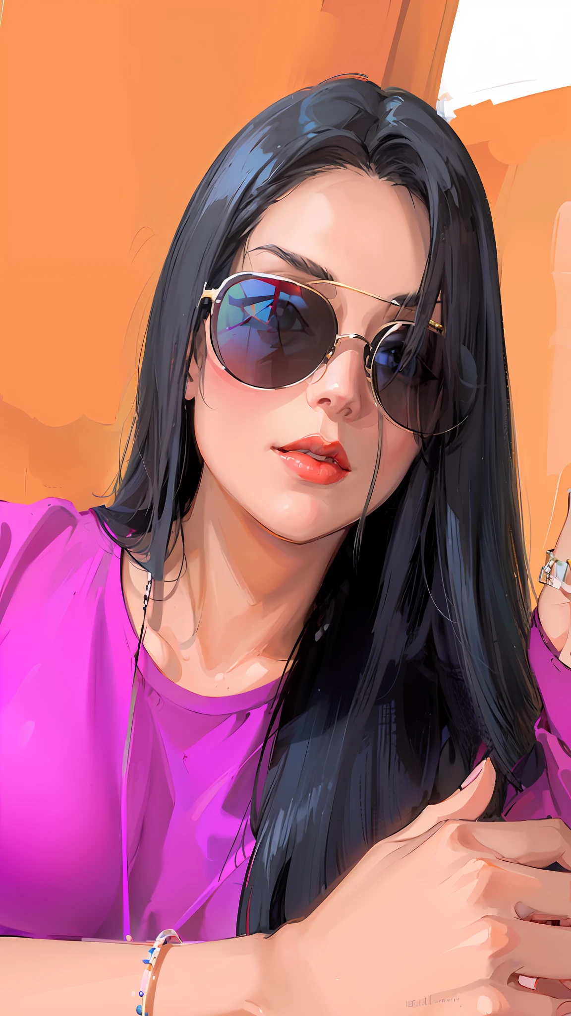 there is a woman with long black hair wearing sunglasses and a purple shirt, with sunglass, with sunglasses, profile image, with straight black hair, thick red lips, alanis guillen, ayahausca, thick lips, by Gina Pellón, 30-year-old woman from cuba, red lips, 🕹️ 😎 🔫 🤖 🚬