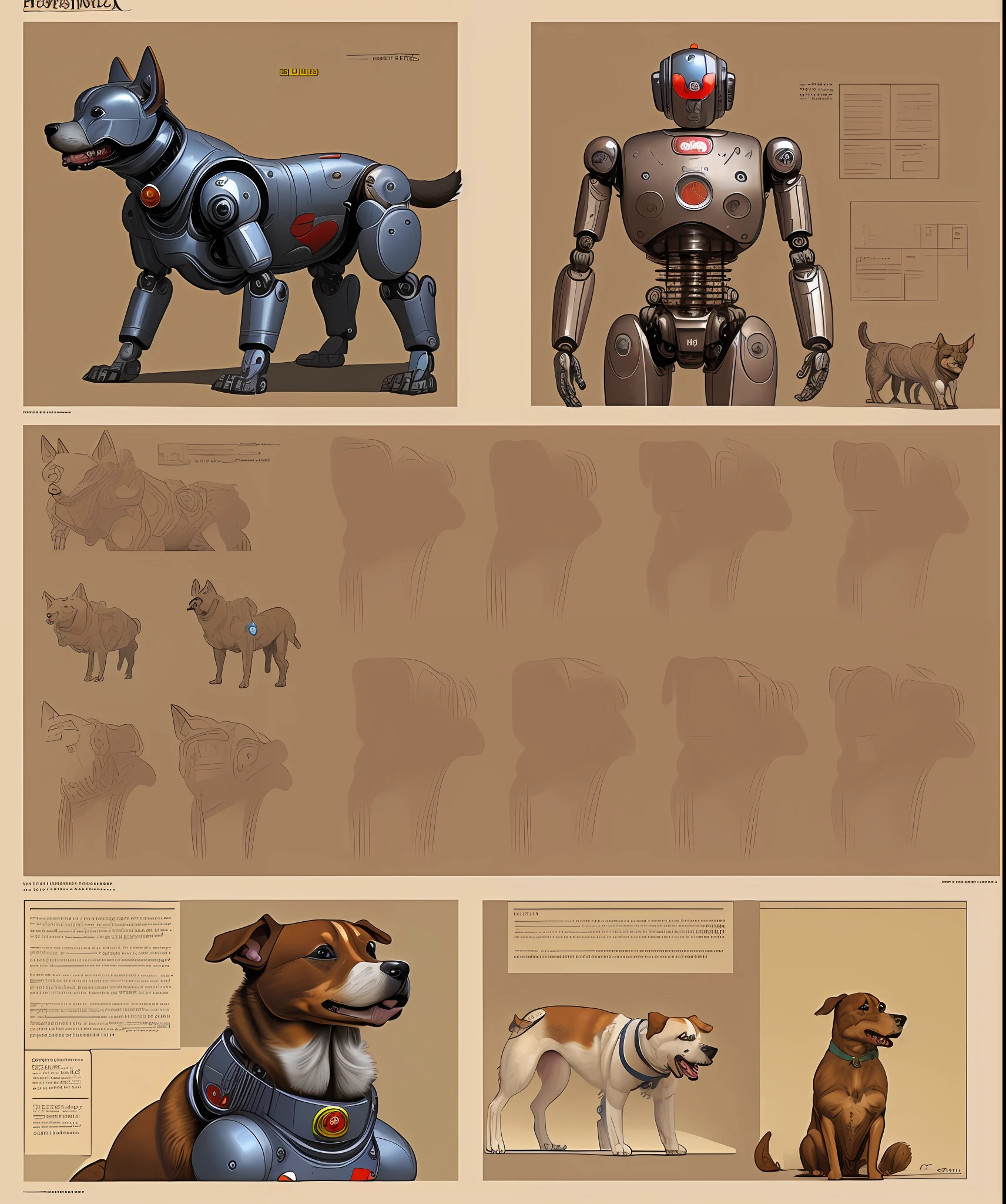 A highly detailed comic book page, robot, dog, moebius style, vintage paper, the rule of thirds, trend in artstation, UHD