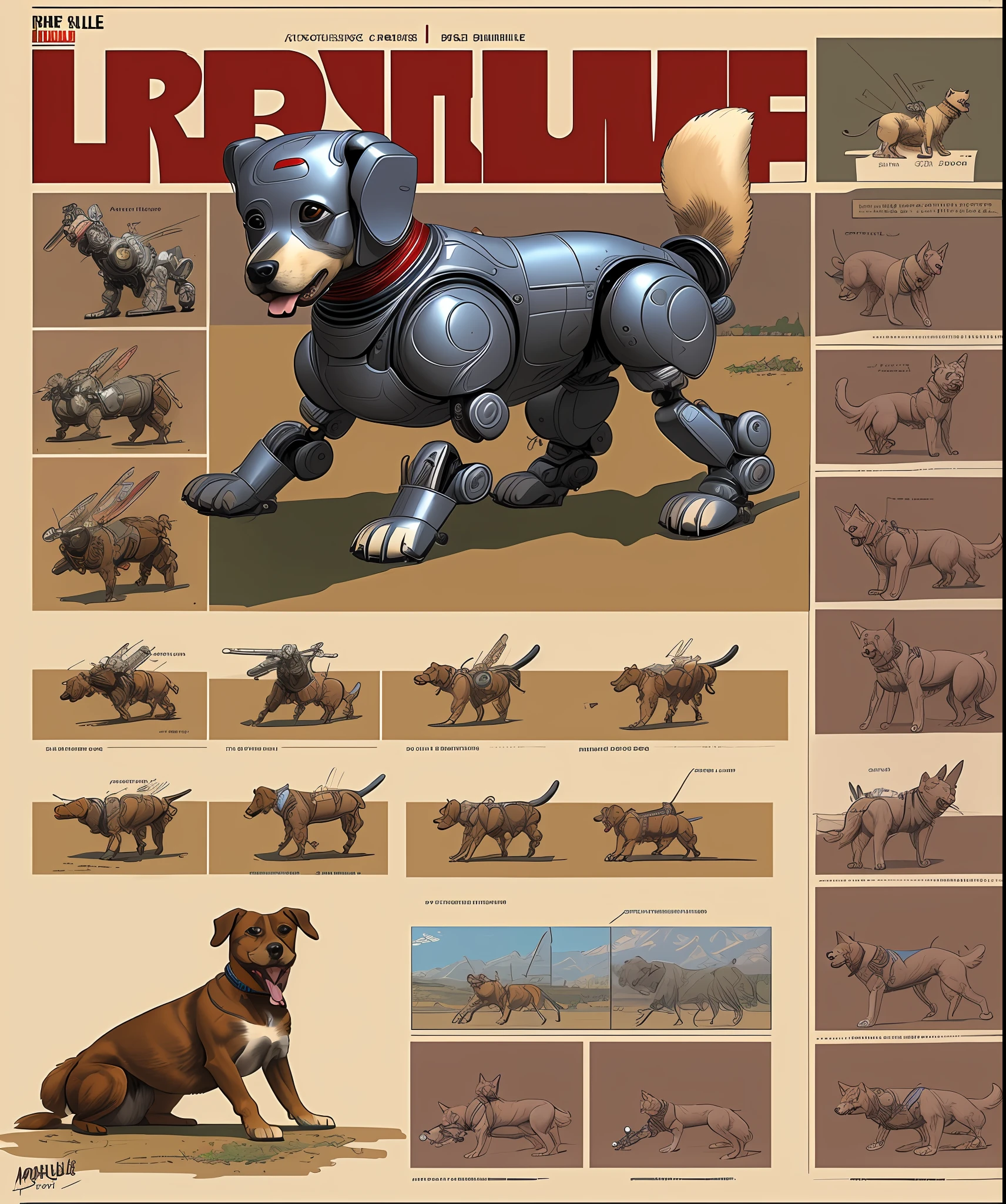 A highly detailed comic book page, robot, dog, moebius style, vintage paper, the rule of thirds, trend in artstation, UHD