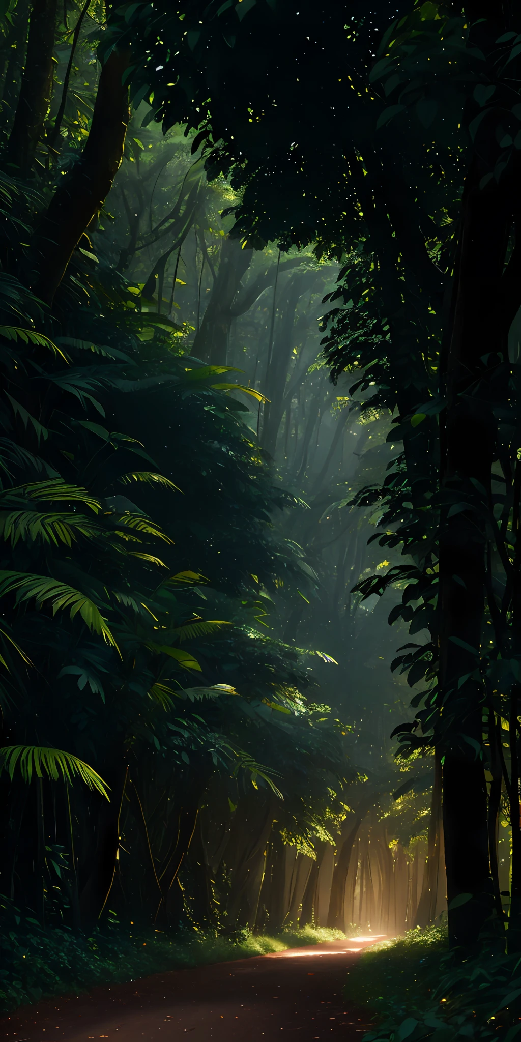 Jungle, sunset, vines everywhere, huge and damp trees, masterpiece, best quality, high quality, very detailed CG uniform 8k wallpaper, oil painting, award winning photography, bokeh, depth of field, HDR, bloom, chromatic aberration, realism, very detailed, trends on artstation, trends on CGsociety, intricacies, high detail, dramatic, midjourney art, volumetric lighting
