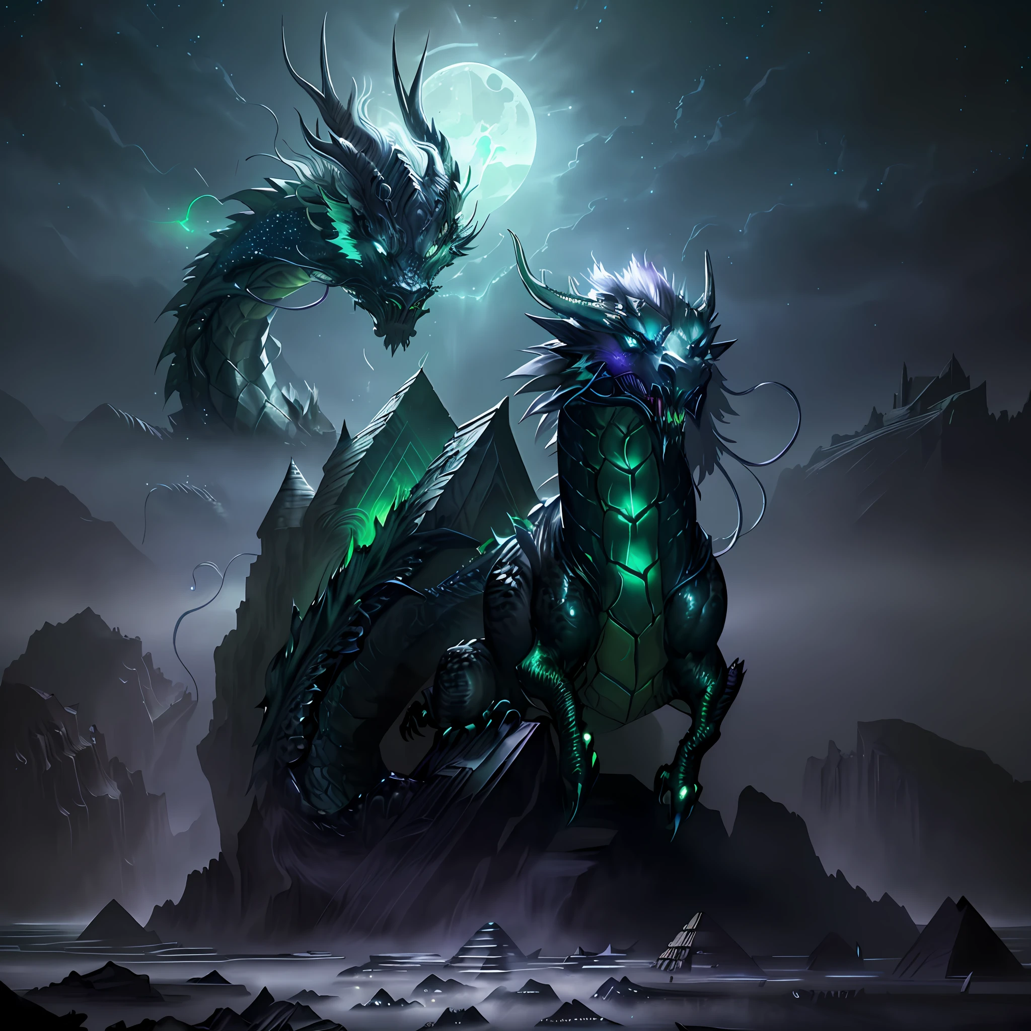 Green dragon:eldritch, ancient corrupted step pyramid:babylonian, dark fantasy, dark atmosphere, eldritch horrors falling from sky, dark purple moonlit sky, angle from front, masterpiece, corrupted celestial energy, looking at viewer, piercing death gaze, enraged face:psychotic, glowing celestial eyes, 1dragon=1.5, ((celestial feathers falling from sky)), ((bioluminescent)),vibrant lighting, ultrarealistic, award winning illustration