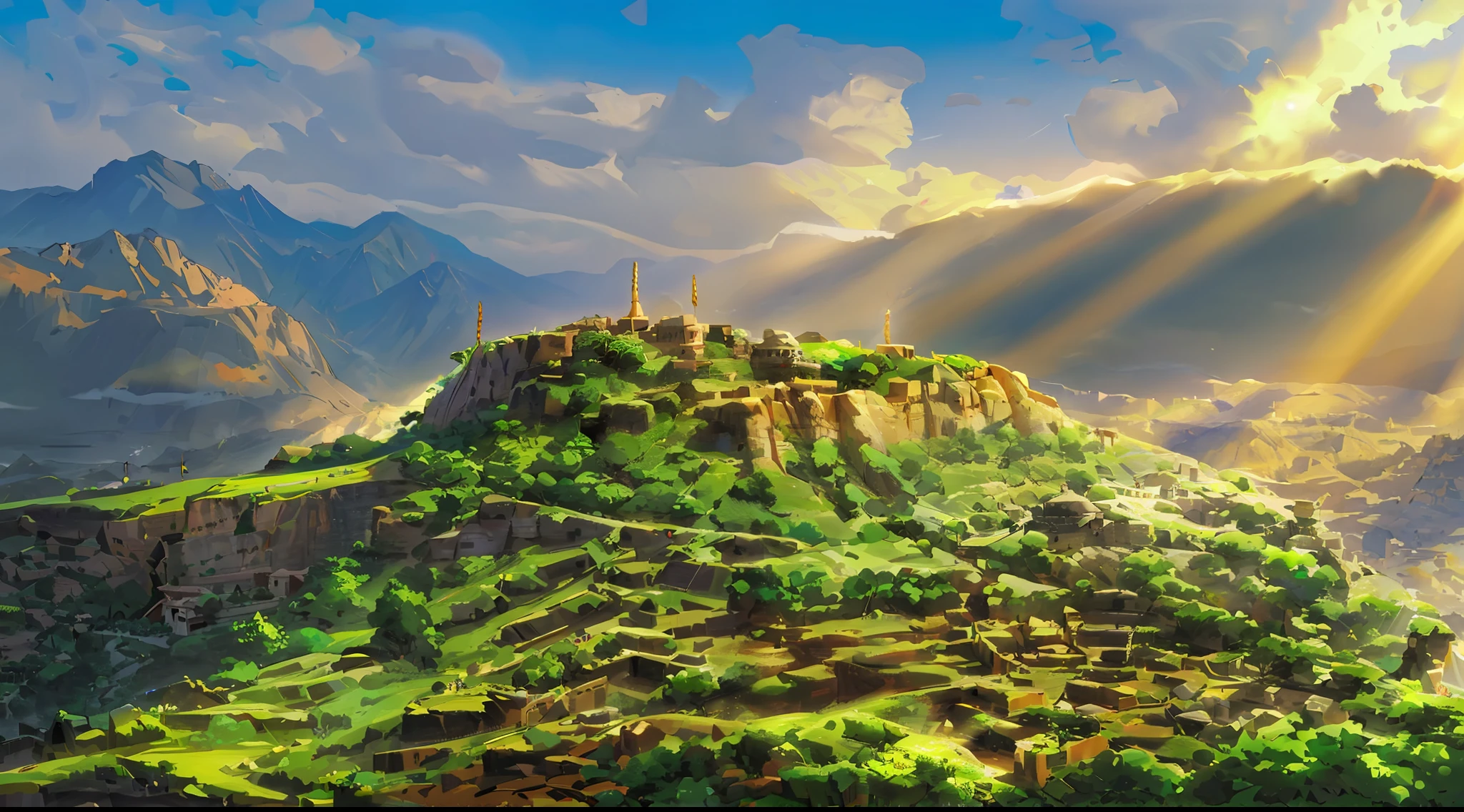 The Ancient city of Amedi in kurdistan, The city is surrounded by steep cliffs on all sides, in the ((alirezam style)), godrays, smooth, (((best quality))),single build,architecture, blue_sky, building,cloudy_sky, day, fantasy, build,architecture,landscape, moss, outdoors, overgrown, path, road, rock, scenery, sky, tree, god rays, super detail, high details