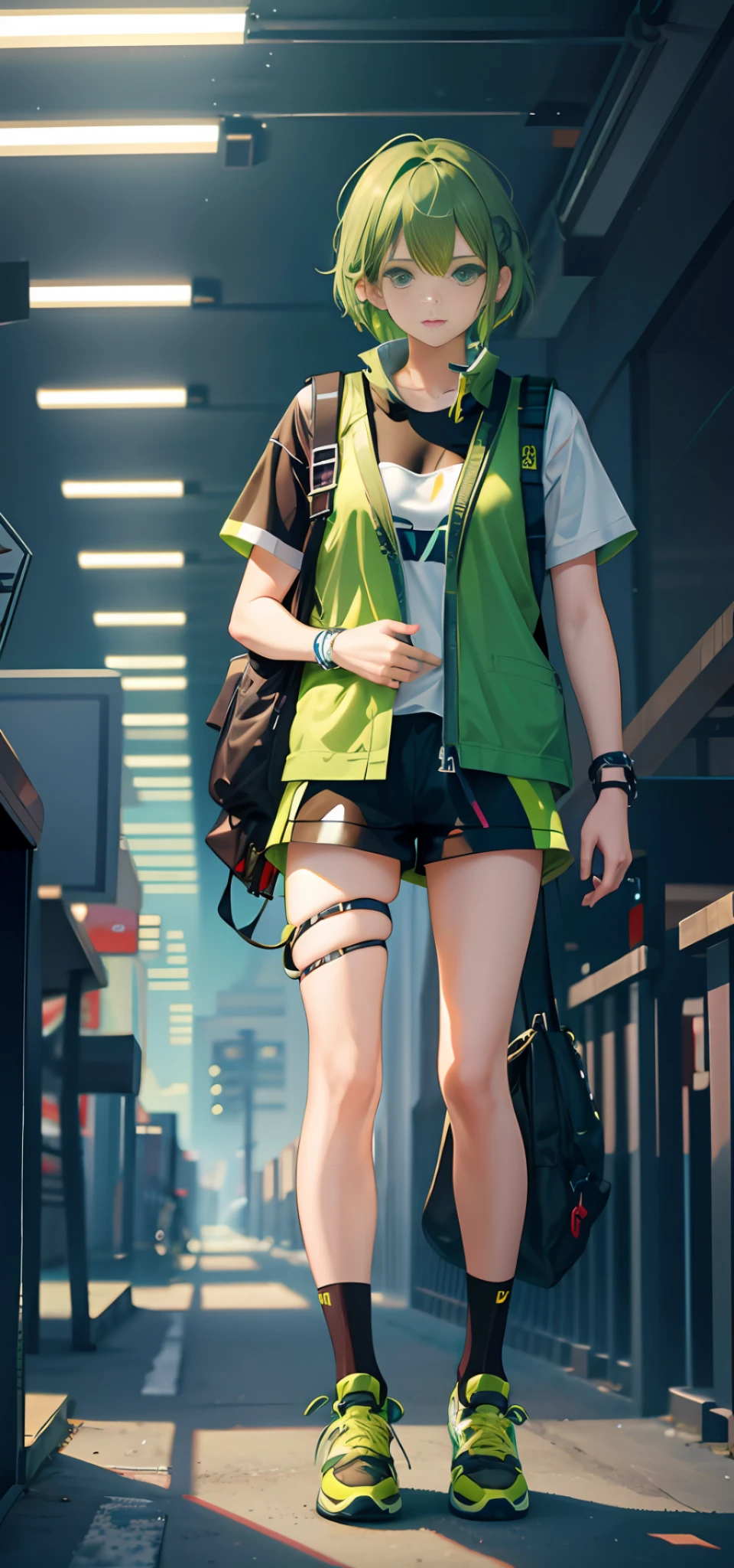 male, Vertical painting, Front view, vogue, fashion, Outfit, Refinement, Generate more detail, Light green hair, Dark green vest, Light green T-shirt, Black shorts, sports shoes, Black backpack, brown hair, short hair, modern, anime style, anime, modern, Futurism, first-person view, panorama, Conceptual art, UHD, masterpiece, ccurate, textured skin, super detail, high details, high quality, best quality, highres, HD