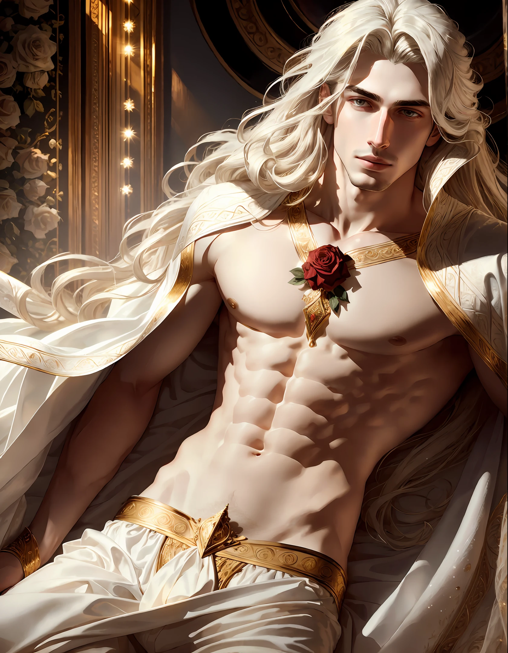 masterpiece, highest quality, (solo focus), (detailed perfect face:1.1), (intricate detail:1.1),dramatic, 1guy, (pale skin), long white hair, white eyes, ((light eyebrows)), solo, long hair,, gorgeous man in a white luxury suit, covered navel, pouty lips, roses, detailed background, ((realistic)), ((best quality)), ((masterpiece)), art by artgerm and greg rutkowski,  cinematic lighting,