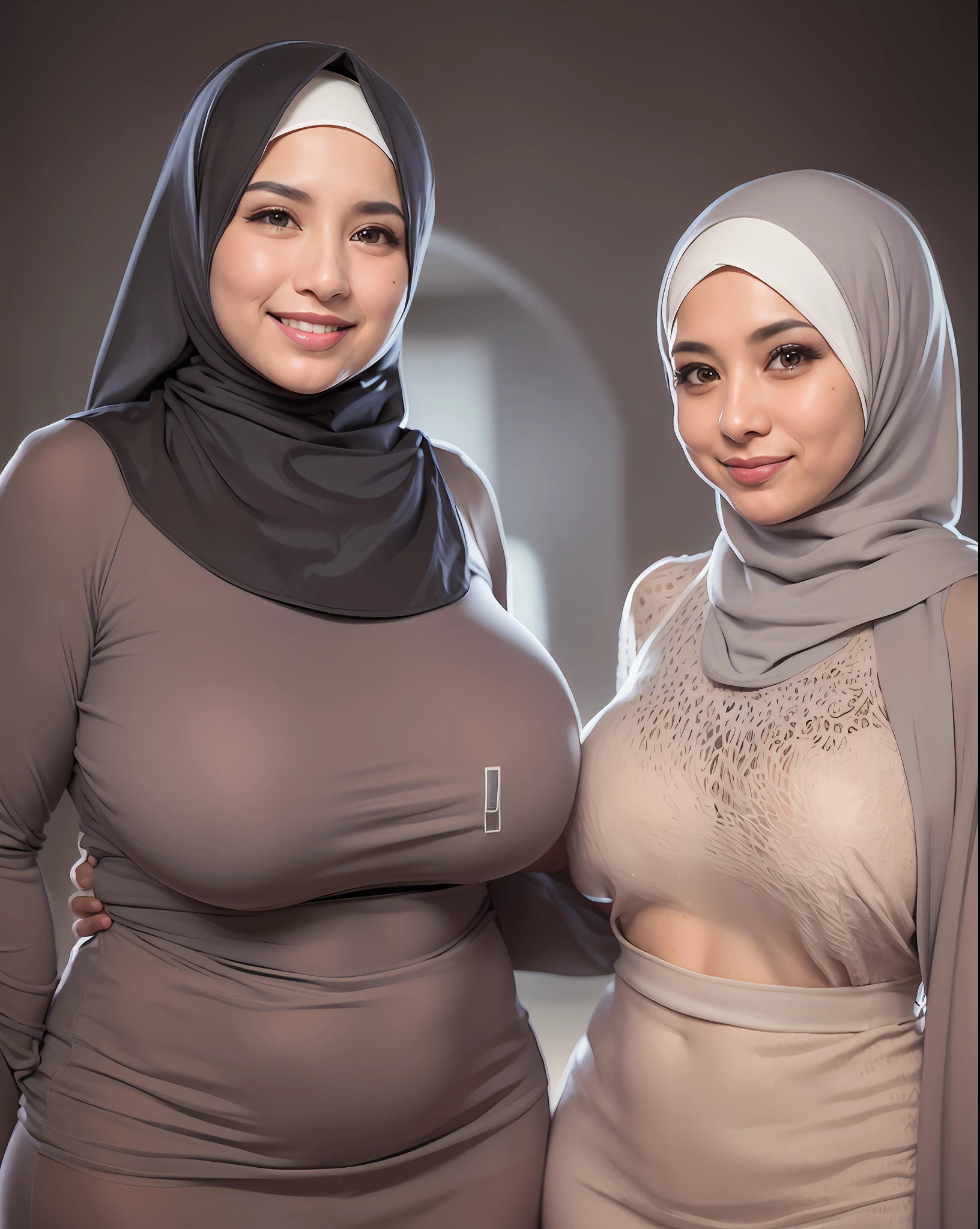 two women in hijabs pose for a picture in front of a gray wall, sie boob, malaysian, posing together in bra, covered breasts, bbwchan, two girls, hijab, trending on bbwchan, asian women, large breasts size, big breasts!, busty, wearing tight simple clothes, with large breasts, thicc, two women