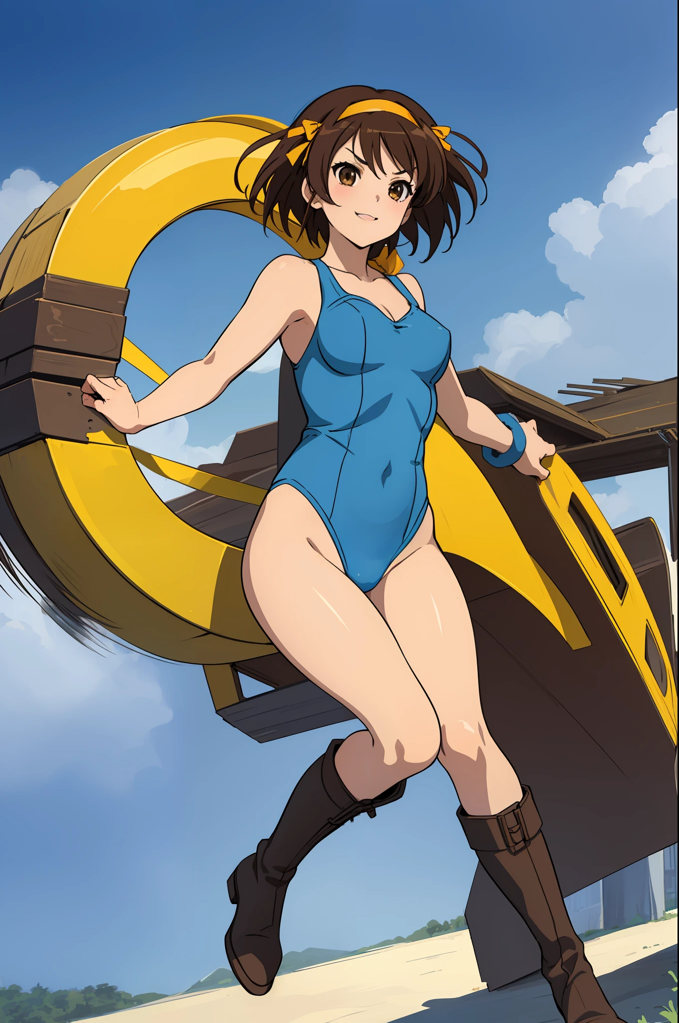masterpiece, best quality, highres, 1girl, solo, superhero, leotard, blue and white leotard, bare legs, brown hair, short hair, brown eyes, hairband, medium hair, ribbon, boots, matching boots, blue boots, medium breasts, cowboy shot, smile, sky backdrop, haruhi suzumiya, kyoani haruhi style, sleeveless, flying, floating. looking at viewer, perfect arms, perfect legs, perfect hands, perfect feet,