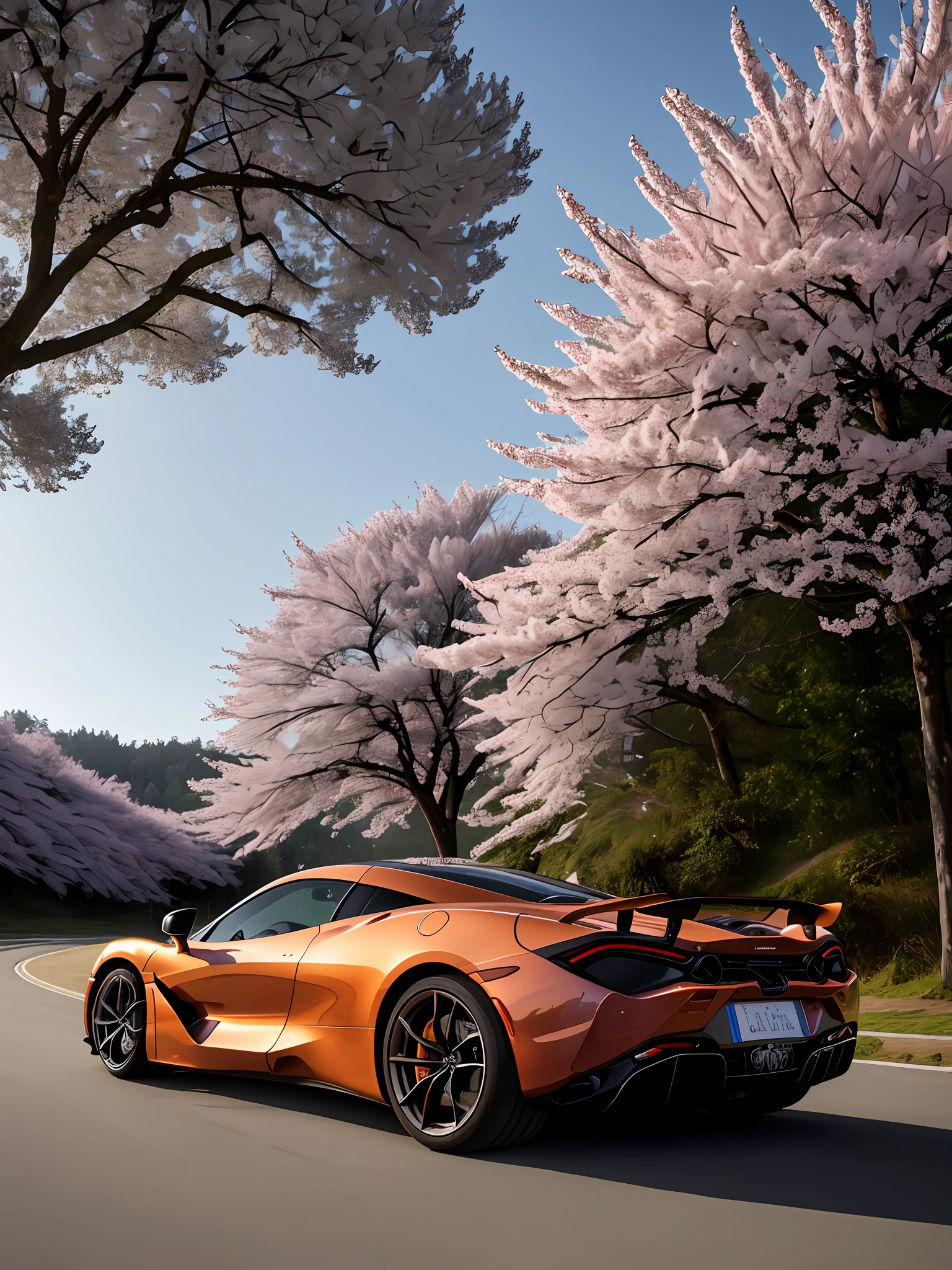 foto sombria de um carro mclaren 720s a hyper-realistic image of the McLaren 720s real, best proportion, ultra wide angle, RTX, HDR, race car, cherry grey metalic colour, cherry blossom background, cinematic, classical Japanese street of blooming cherry blossom season, shot from the far, golden ratio, rule of thirds, high dynamic range, matte,golden hour, bokeh,  urban theme symmetrical best resolution realistic best proportion by Dremshaper v5 style photography lens 85mm high quality, high contrast  escapando pela selva ((à noite)), ((chuva forte)), ((noite)), salpico, derrapagem, alta velocidade, fotografia esportiva, alto detalhe, foco nítido, (fotorrealismo), realista, melhor qualidade, 8k, premiado, iluminação dramática, épico, cinematográfico, obra-prima, luz de aro, neblina ambiente: 1.3, ângulo holandês,  lente grande angular, obturador magro,