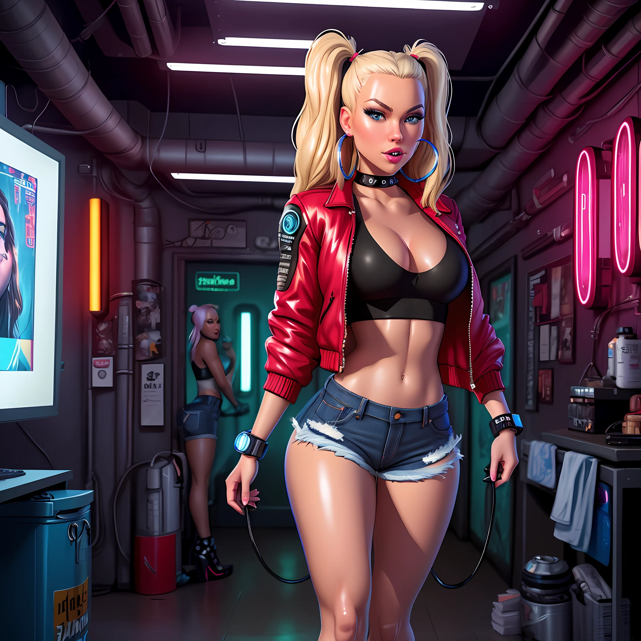 analog style, woman, (thepit bimbo:0.6)), blue eyes, black crop top with text, hoop earrings, detailed, skin texture, back-length hair, blonde hair, full lips, full body perspective, platform heels, collar, red jacket, centered, tan skin, looking at viewer, kneesocks, 8k, highly detailed, glossy, [Nina Dobrev|Emma Stone], symmetric, realistic, photo-realistic, cleavage focus, pout, jeans shorts, bracelet, studio lights, wide hips, glowing colors, glowing skin, twintails, cyberpunk, cybernetic eyes