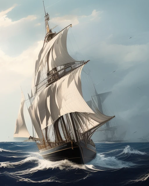 This picture of seafaring ships is very beautiful, giving people a feeling of vastness and unobstructed. In the picture, a huge sailing ship is thriving on the rough sea, and the gentle sea breeze blows the sails, pushing the ship forward. There are no clouds on the sea, and the distant skyline meets the calm water, as if it is a wonder of heaven and earth. At the bow of the sailing ship, a sailor looks into the distance, his expression very focused, as if looking for clues in the ocean. In the cabin, the crew is nervously operating the steering wheel and various ship equipment to escort this huge sailing ship. The entire sailboat is presented in dark tones, and the hull is carved with delicate patterns and patterns, making this ship look particularly gorgeous and artistic. The whole painting is full of the atmosphere of exploration and the determination to sail, which is pleasant and a very beautiful work of art.