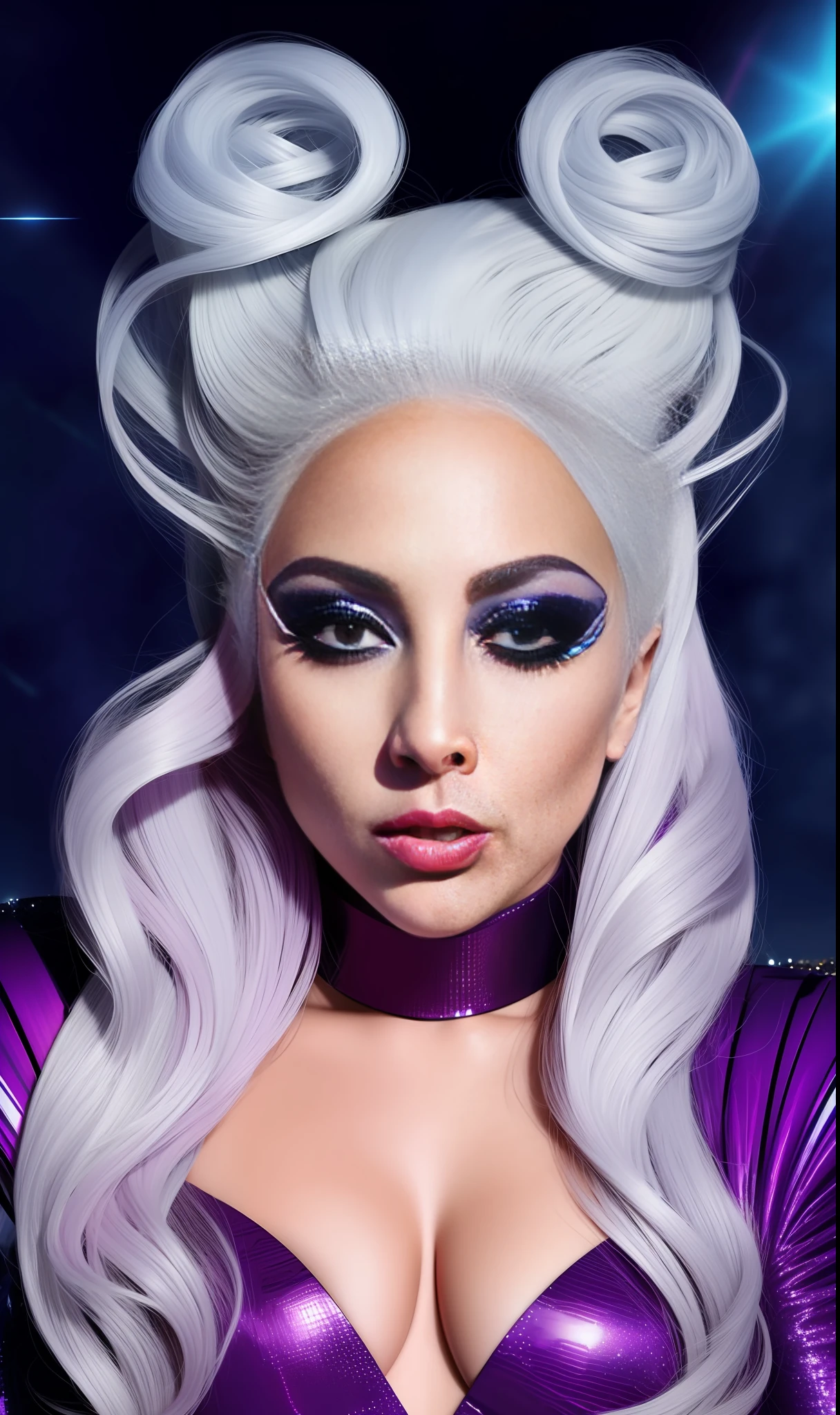 lady gaga mistique Xmen, 4K texture, long hair, high quality, extravagant hairstyle, 8k image, futuristic, high image quality, at night, hair accessories, very realistic and defined face, multi-tone hair