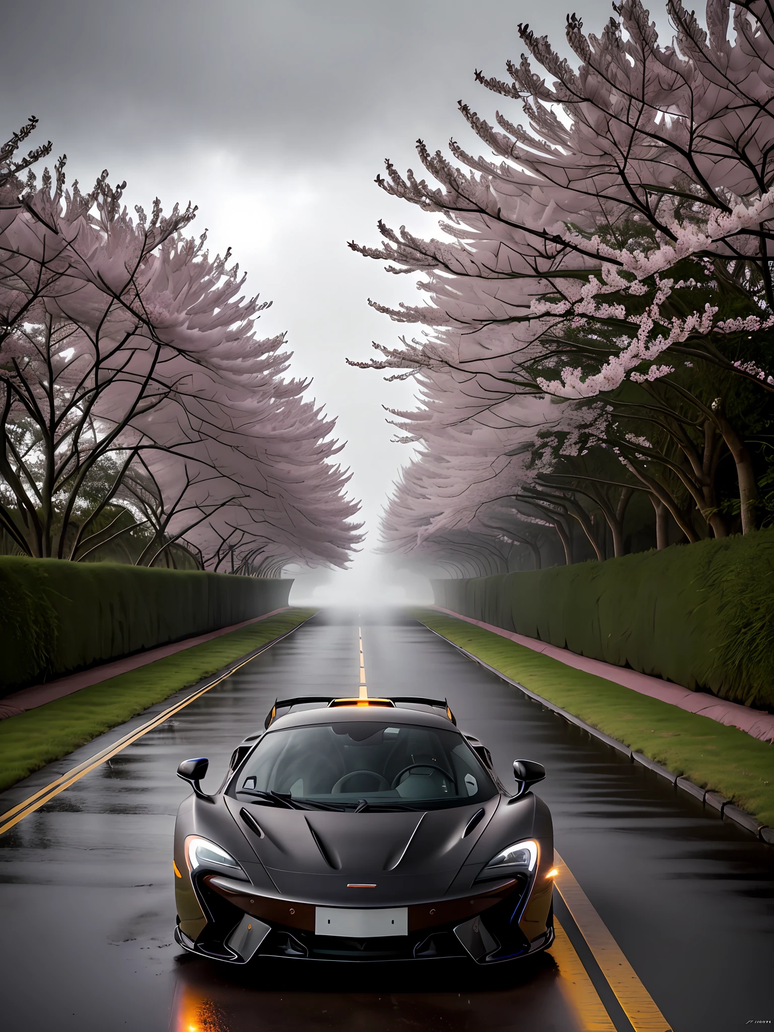 gloomy photo of a mclaren 720s car a hyper-realistic image of the McLaren 720s with boby kit, best aspect ratio, ultra wide angle, RTX, HDR, race car, metallic color gray, cherry blossom background, cinematic, classic Japanese street cherry blossom blossom season, taken from afar, golden ratio, rule of thirds, high dynamic range, matte, golden hour, bokeh, symmetrical urban theme best realistic resolution best aspect ratio by Dremshaper v5 style 85mm photographic lens high quality, high contrast escaping through the jungle ((at night)), ((heavy rain)), (((night)), splash, skid, high speed, sports photography, high detail, sharp focus, (photorealism), realistic, best quality, 8k, award-winning, dramatic lighting, epic, cinematic, masterpiece, rim light, ambient fog: 1.3, Dutch angle, wide-angle lens, slim shutter,