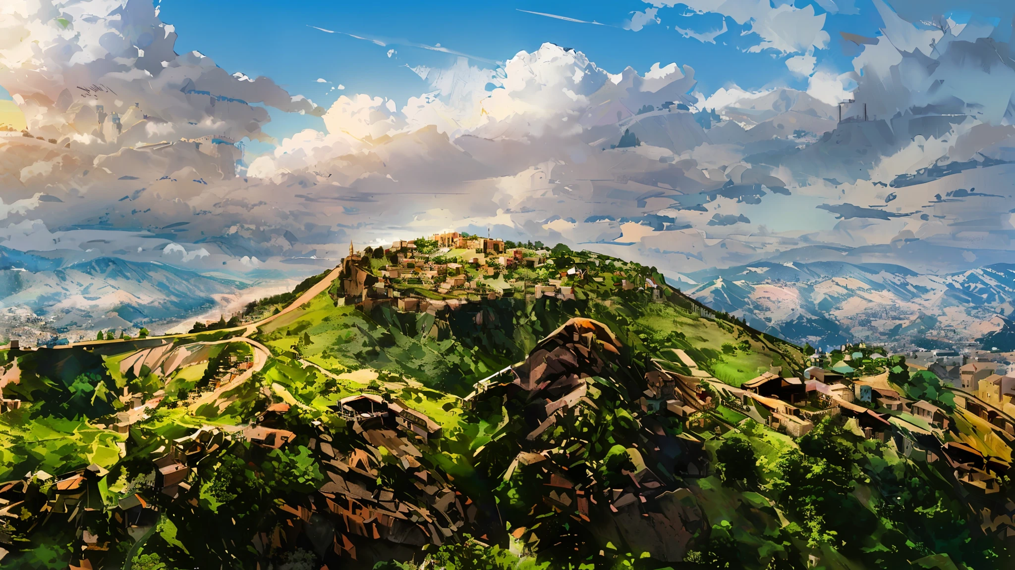 Hilltop town of Amedi in kurdistan, A city on top of hill, The city is surrounded by steep cliffs on all sides, (((best quality))), single build, architecture, blue_sky, building, cloudy_sky, day, fantasy, build, architecture,landscape, moss, outdoors, overgrown, path, road, rock, scenery, sky, tree,