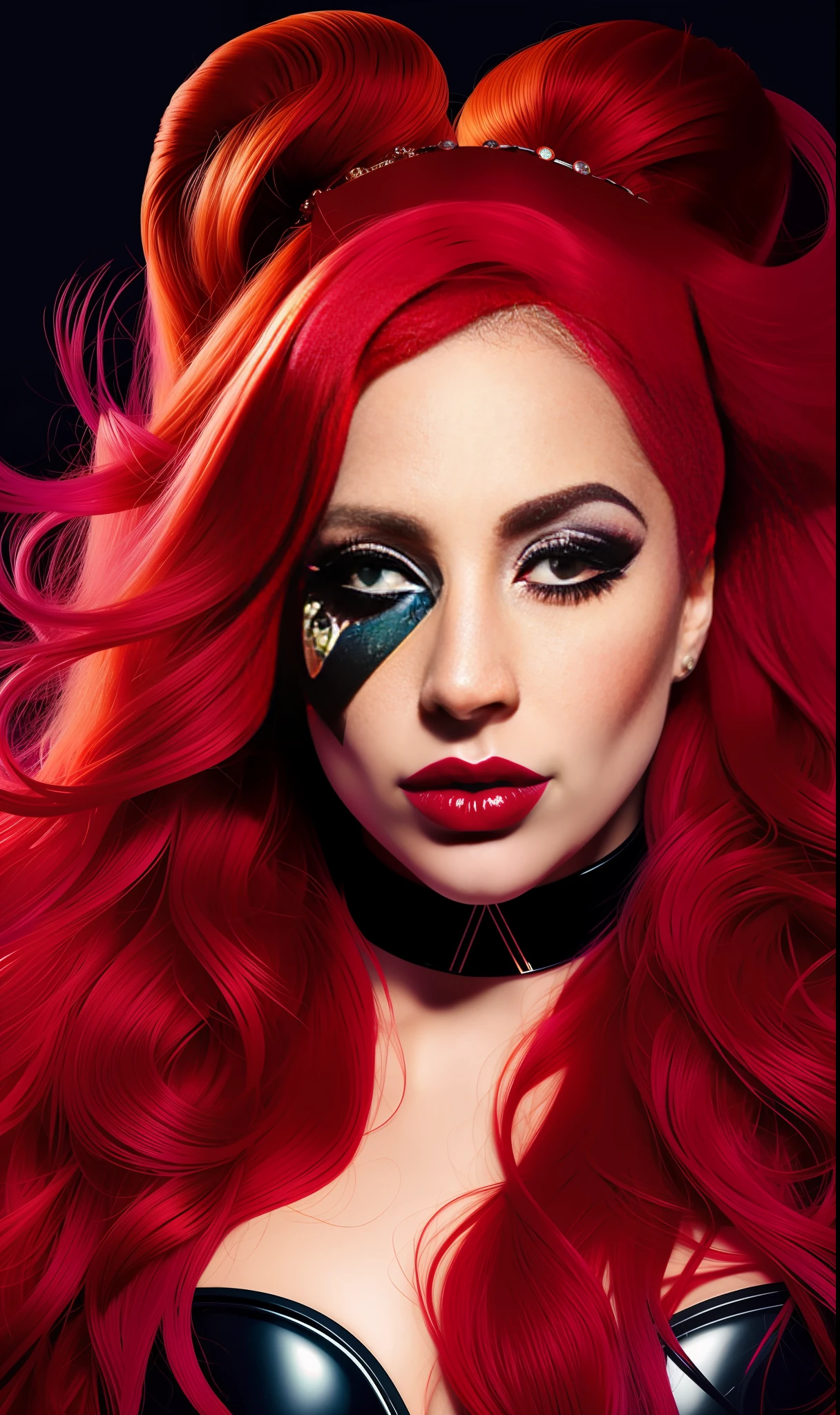Lady Gaga Poison IVY, 4K texture, long hair, high quality, extravagant hairstyle, original album cover, 8k image, futuristic, high image quality, at night, hair accessories, very realistic and defined face, full body, heroin robotic suit, various poses
