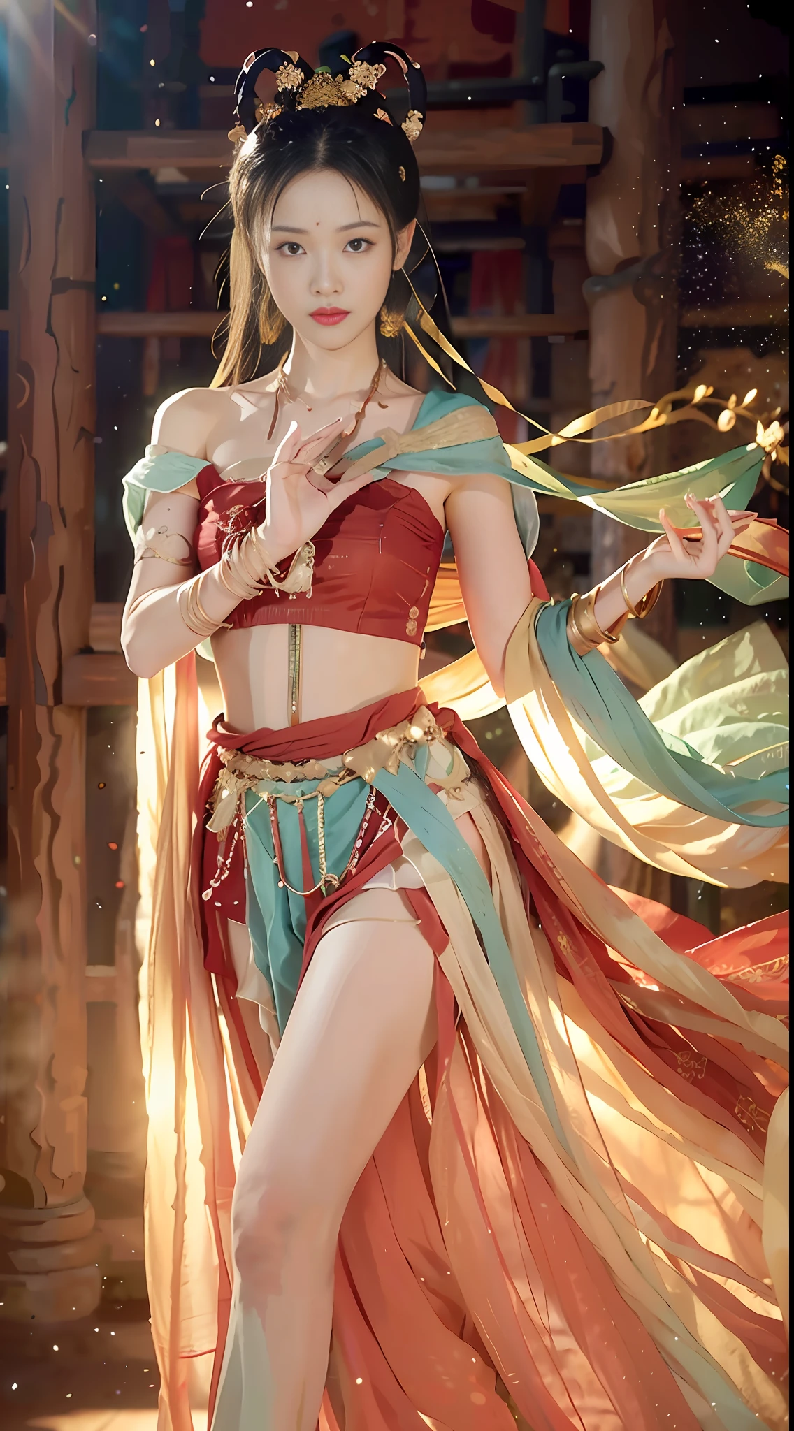(8k, RAW photo, best quality, masterpiece:1.2), (realistic, photo-realistic:1.4), (extremely detailed CG unity 8k wallpaper), (1 girl:1.5), Western beauty, (Red clothes: 1.4), red spots on forehead, pale skin, blush, big eyes, full body, thighs, open navel, gold waist chain, gold jewelry, flying ribbons, particles, background is Loulan ancient city, ancient city wall, desert, dance, dunhuang_dress, dunhuang_style,