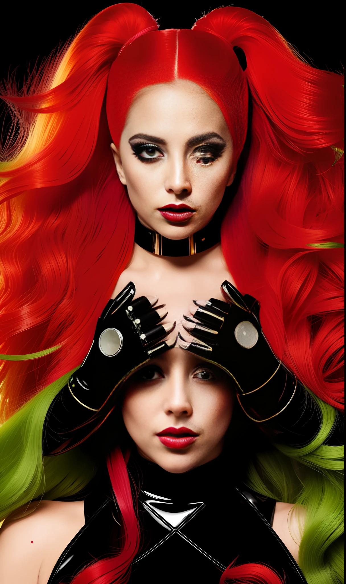 Lady Gaga Poison IVY, 4K texture, long hair, high quality, extravagant hairstyle, original album cover, 8k image, futuristic, high image quality, at night, hair accessories, very realistic and defined face, full body, ?????? robotic suit, various poses