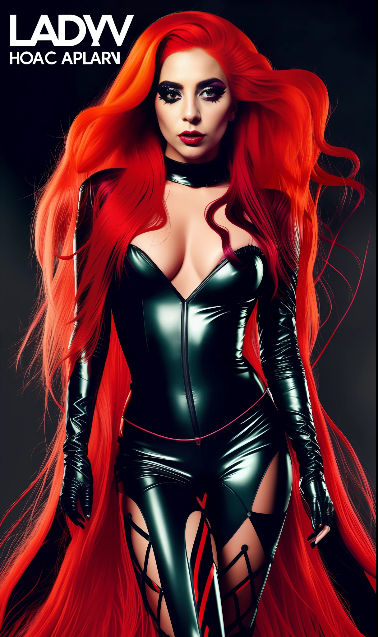 Lady Gaga Poison IVY, 4K texture, long hair, high quality, extravagant hairstyle, original album cover, 8k image, futuristic, high image quality, at night, hair accessories, very realistic and defined face, full body, heroin robotic suit, various poses