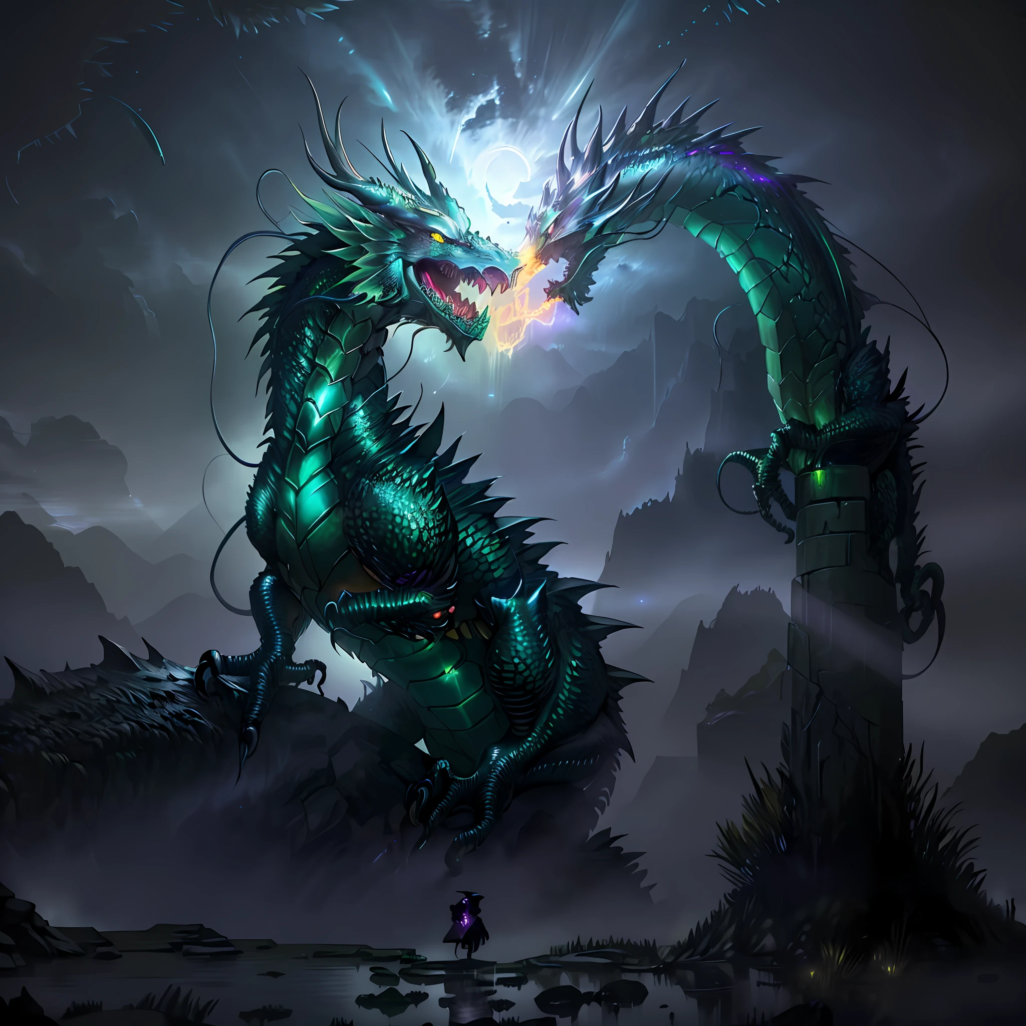 Green dragon:extremely long and delicate, (heavy acid rain in background)=1.6,ancient corrupted step pyramid:lonian, dark fantasy, dark atmosphere,  dark purple moonlit sky, angle from front, masterpiece, corrupted celestial energy, looking at viewer, piercing death gaze, enraged face:psychotic, glowing celestial eyes, 1dragon=1.5, ((celestial feathers falling from sky)), ((bioluminescent)),vibrant lighting, ultrarealistic, award winning illustration, epic wide-angle shot, wide-angle lens