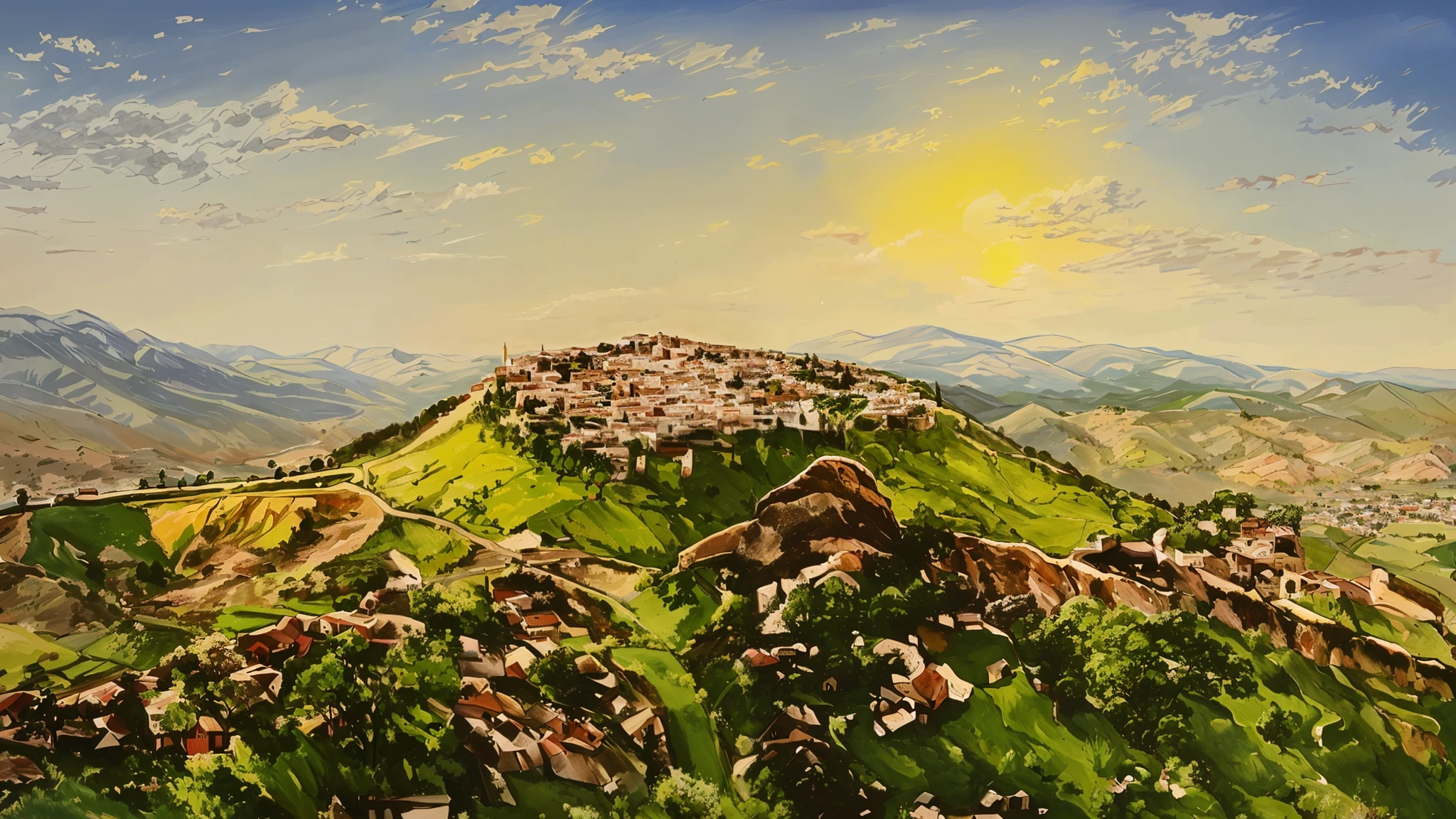 Painting of the Hilltop town of Amedi in kurdistan, A city on top of hill, The city is surrounded by steep cliffs on all sides, in style of Claude Monet, (((best quality))), single build, architecture, blue_sky, building, cloudy_sky, day, fantasy, build, architecture,landscape, moss, outdoors, overgrown, path, road, rock, scenery, sky, tree,
