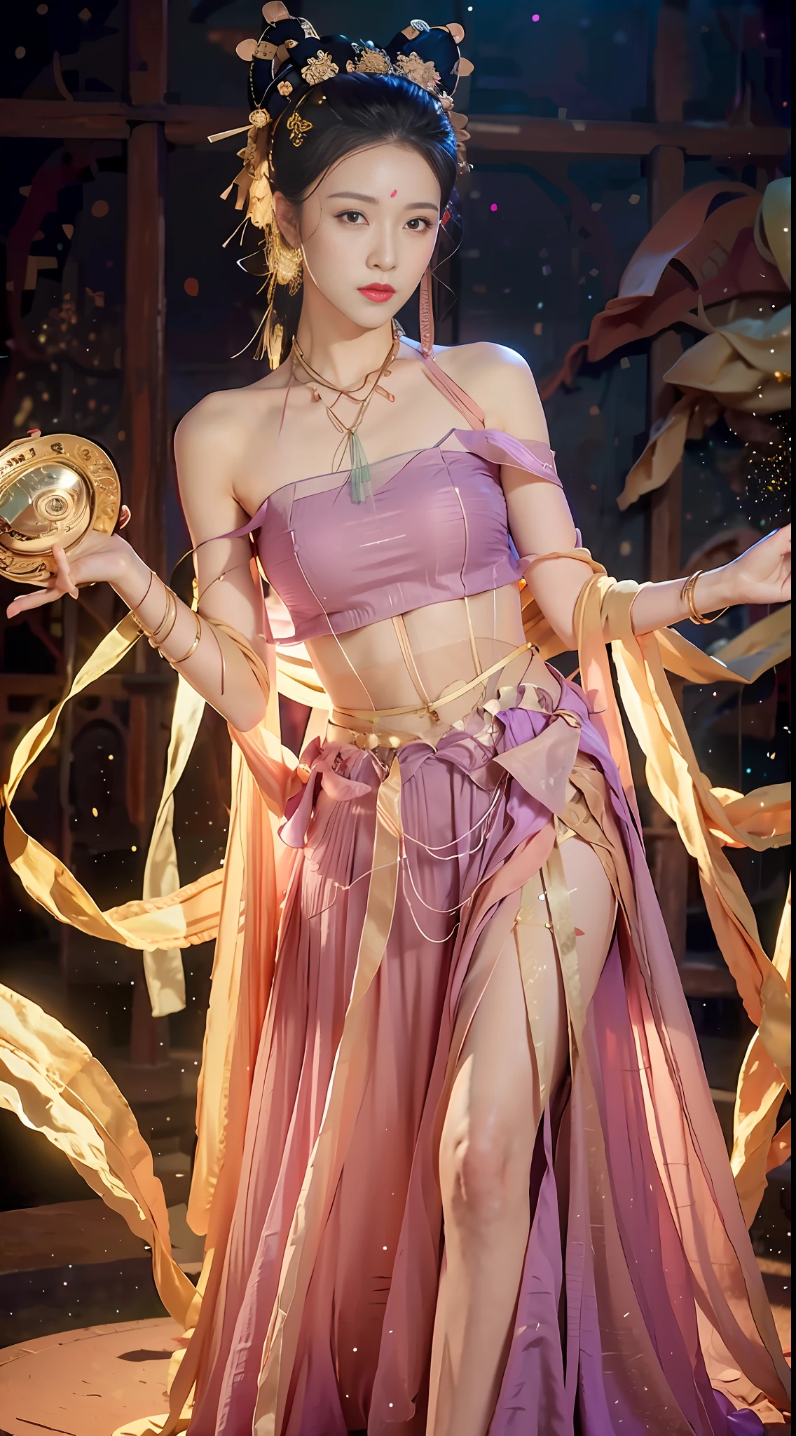 (8k, RAW photo, best quality, masterpiece:1.2), (realistic, photo-realistic:1.4), (extremely detailed CG unity 8k wallpaper), (1 girl:1.5), Western beauty, (purple clothes: 1.4), red spots on forehead, pale skin, blush, big eyes, full body, thighs, open navel, gold waist chain, gold jewelry, flying ribbons, particles, background is Loulan ancient city, ancient city wall, desert, dance, dunhuang_dress, dunhuang_style,