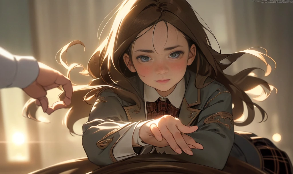 Masterpiece, high detail, highly detailed CG, detailed textures, realistic facial expression, realistic, colorful, delicate, cinematic lights, side lights, lens flare, ray tracing, sharp focus, (1girl, __focus__: 1.3), (intricate detail, makeup, PureFace_V1: 0.5), (detailed beautiful deface_face, detailed beautiful sick eyes, Perfect face scales, skin with high detail, skin with fine details, optimal proportions for four fingers and one thumb, arms under the chest, medium chest, wide hips, smooth belly, thin, __fashion__, __hair__: 1.3), __location__, neat, pure, long hair with brown sheen, student, blue blazer, white blouse, Red tie, brown plaid skirt, no hands