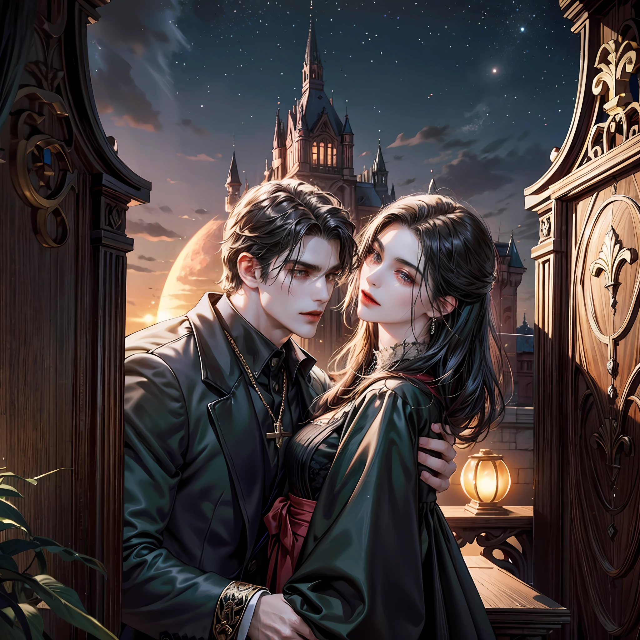 A young handsome male vampire  with long black hair, (Beautiful face), standing at the front door of his gothic mansion, with a bloody moon in the sky, dusky, the mansion is a castle, trees around, (extremely detailed CG unified 8k wallpaper), highly detailed, masterpiece, HDR,wallpaper), (Film lighting), (Sharp focus), (extremely detailed CG unity 8k wallpaper), (best quality