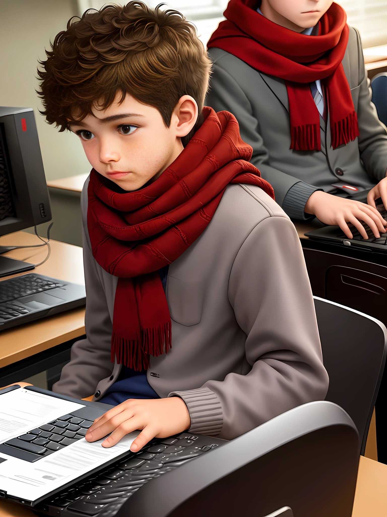 A , boy, with a red scarf, operating a computer, computer programming