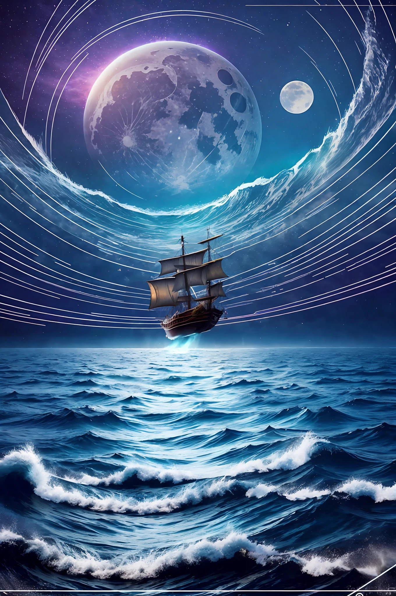 The rising currents rush into the air, merging with the sea vortexes in the air, holding up the pirate ship in flight, gravity anomaly, masterpiece, ultra-clear, 8k, lots of detail, cinematic lighting --v 6