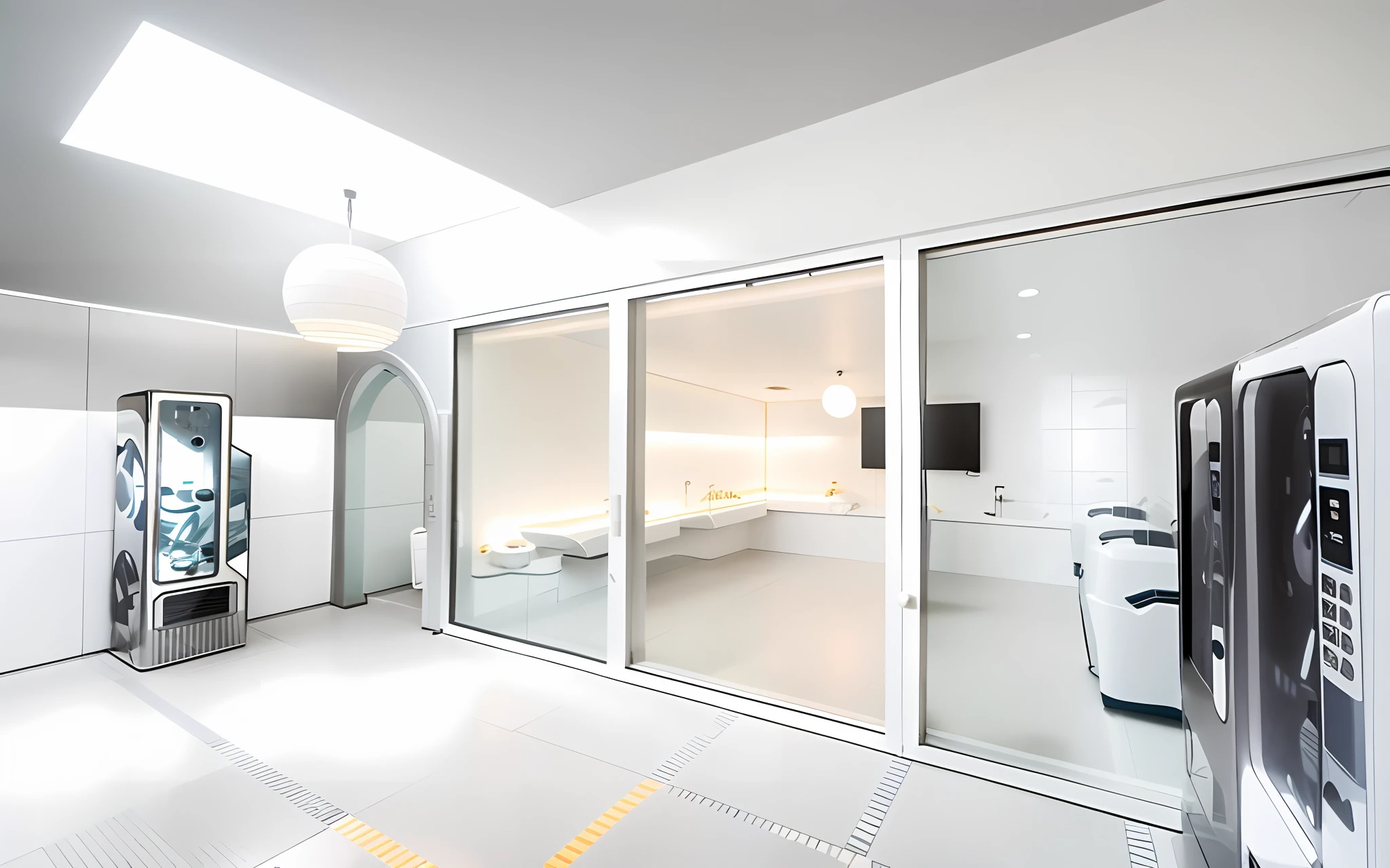 The main body is a self-service dog washing shop, with a total of 50 square meters; It is divided into two rooms: a fully automatic bathing room and a blow-drying room. The outside bathing room is 20 square meters, with 1 automatic dog bath machine and 2 self-service vending machines; The blow-drying room inside is 30 square meters and has 5 pet trimming tables and 5 wall-mounted hair dryers. Be sure to reflect all of the above items, the decoration style is minimalist and simple, white tones, bright lighting, bright tones, human perspective.