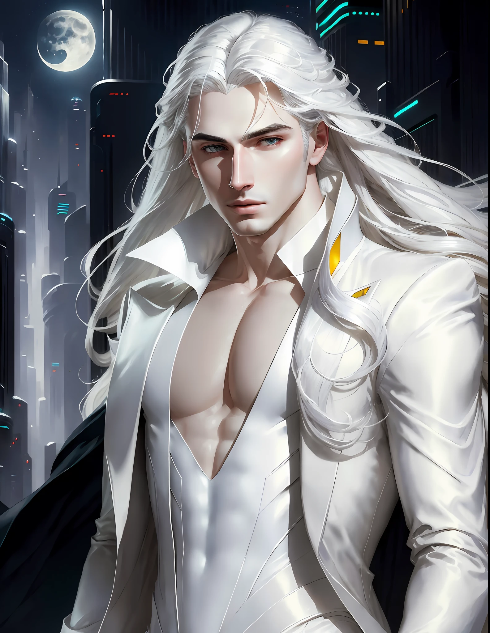 masterpiece, highest quality, (solo focus), (perfect face:1.1), (high detail:1.1),dramatic, 1guy, (pale skin), long white hair, white eyes, [light eyebrows], solo, long hair, moon, night, white luxury suit, covered navel, pouty lips, covered, futuristic city, detailed background, art by artgerm and greg rutkowski,  cinematic lighting,
